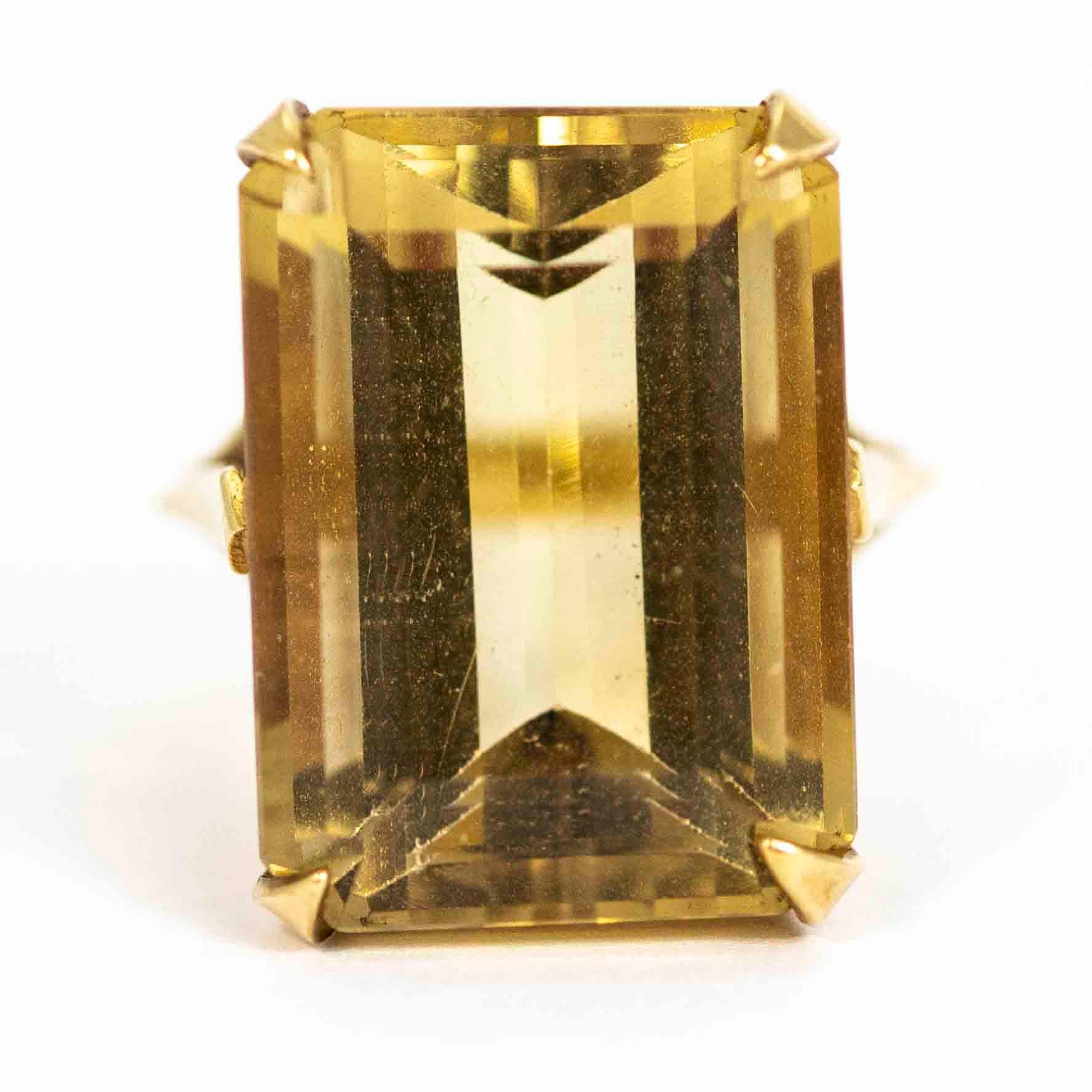 A spectacular vintage cocktail ring from the Art Deco period. Set with a beautiful large citrine and modelled in 9 carat yellow gold.

Ring Size: UK M, US 6 1/2

Stone Dimensions: 21.86mm x 16.08mm