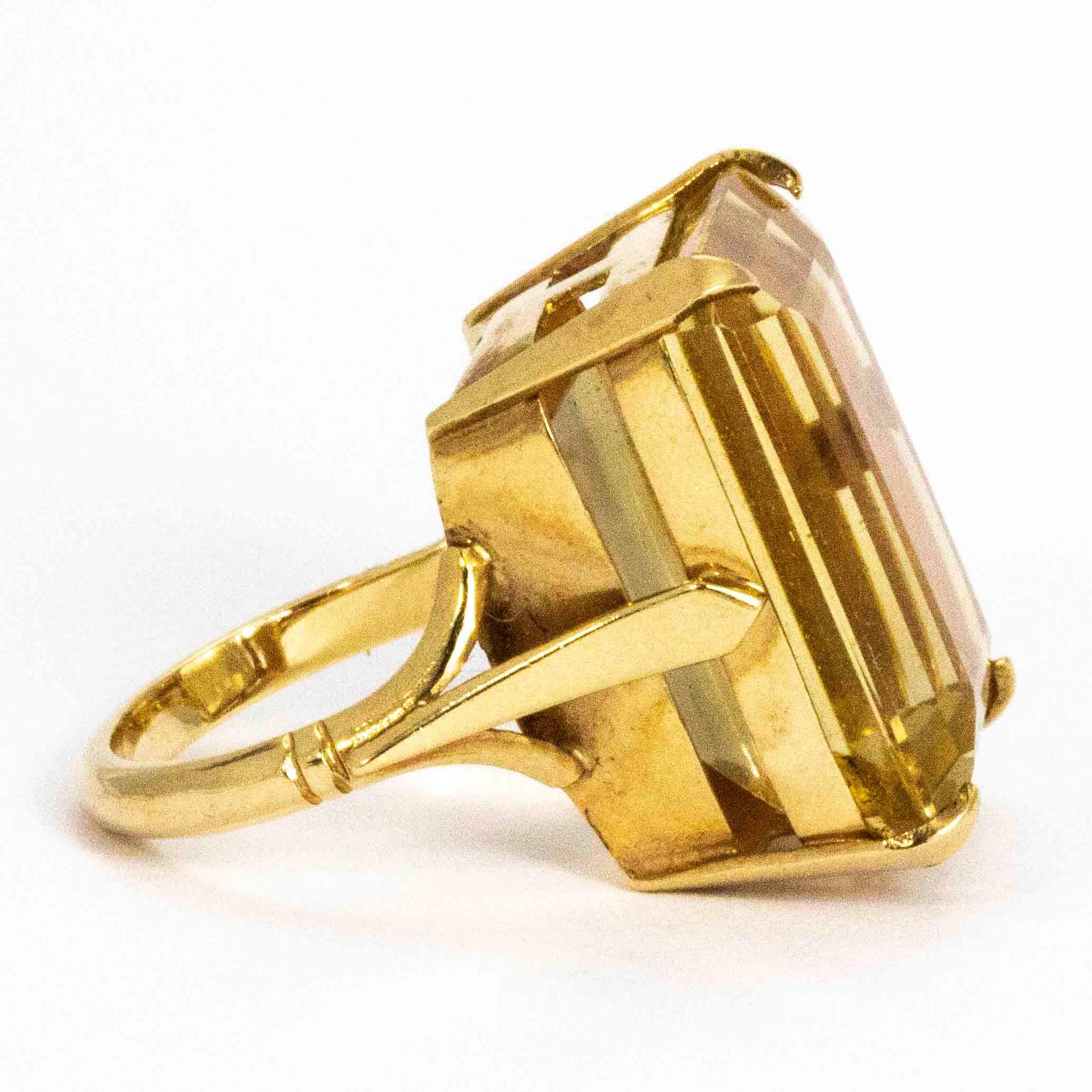 Emerald Cut Art Deco 9 Carat Gold Large Citrine Cocktail Ring