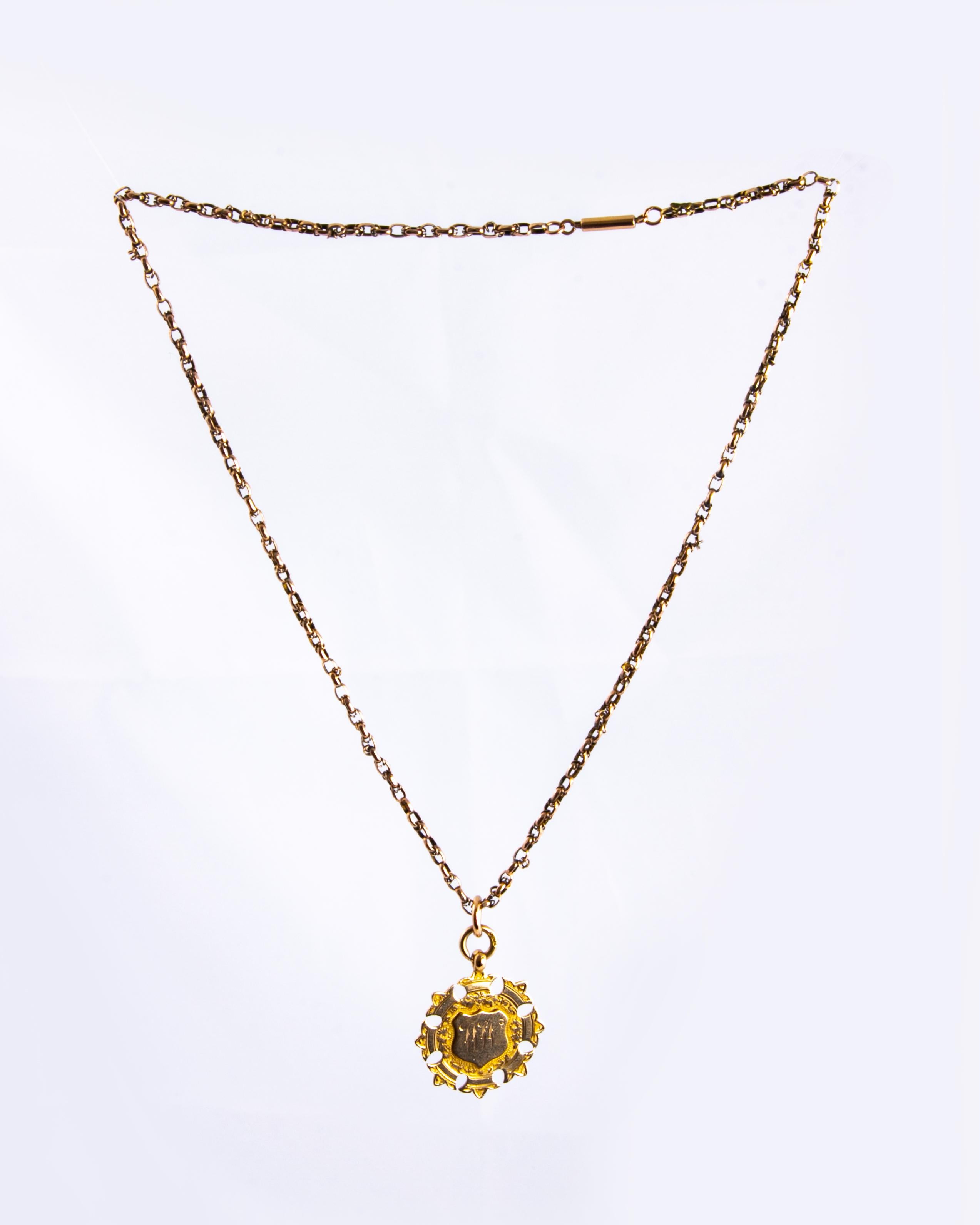 Art Deco 9 Carat Gold Medal and Chain Necklace In Good Condition For Sale In Chipping Campden, GB