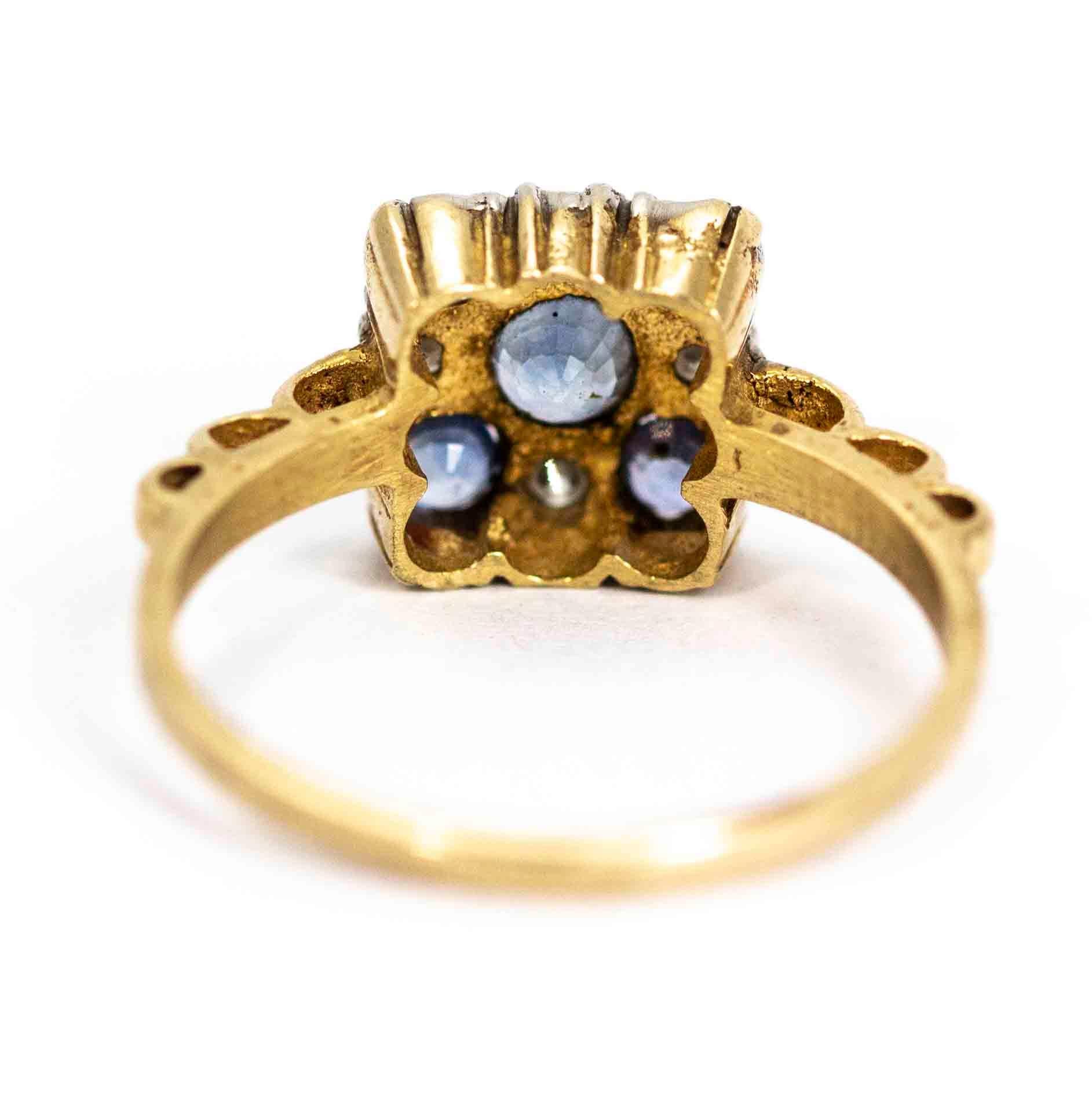 Round Cut Art Deco 9 Carat Gold Sapphire and Diamond Cluster Ring