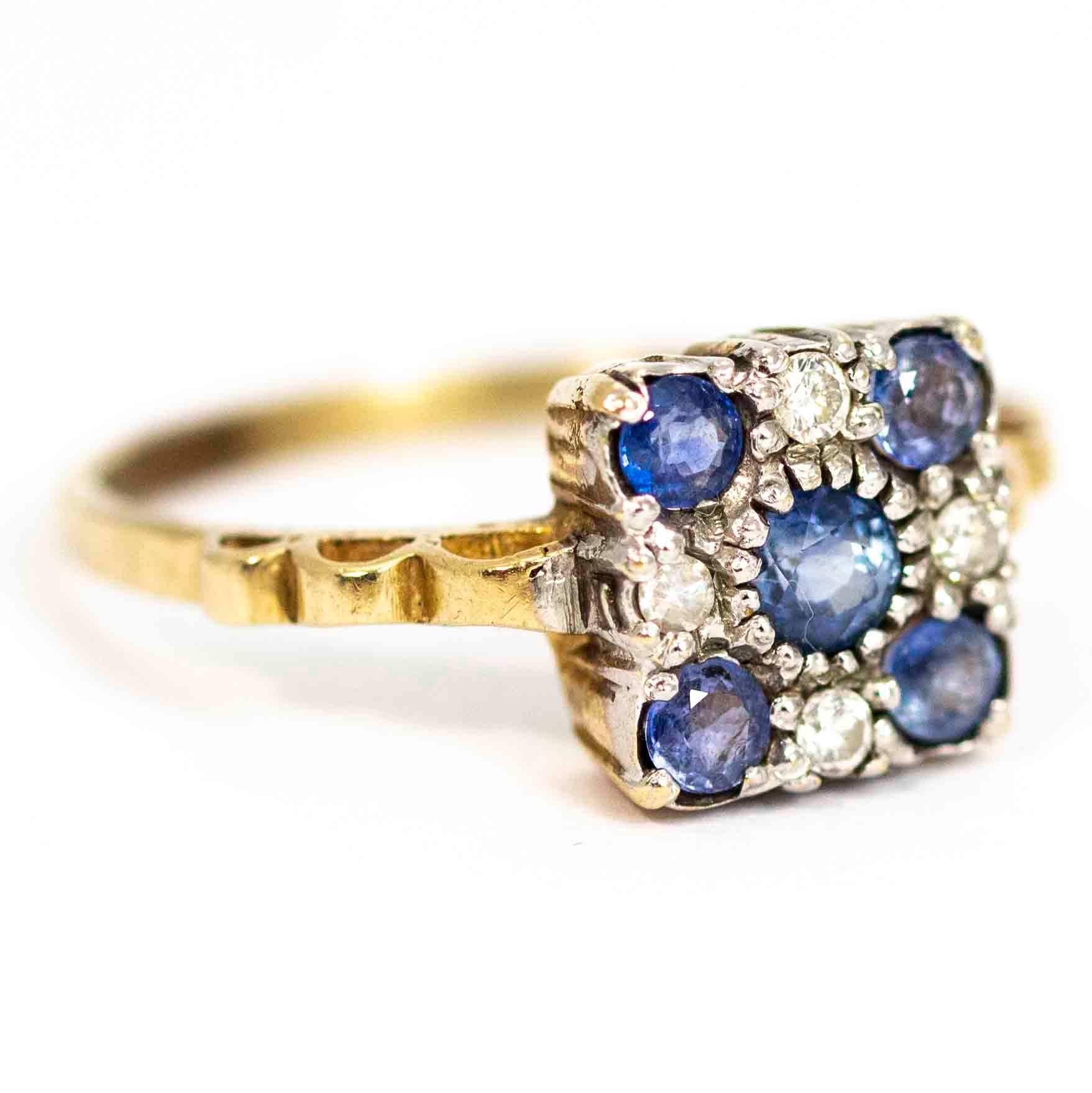 Women's or Men's Art Deco 9 Carat Gold Sapphire and Diamond Cluster Ring