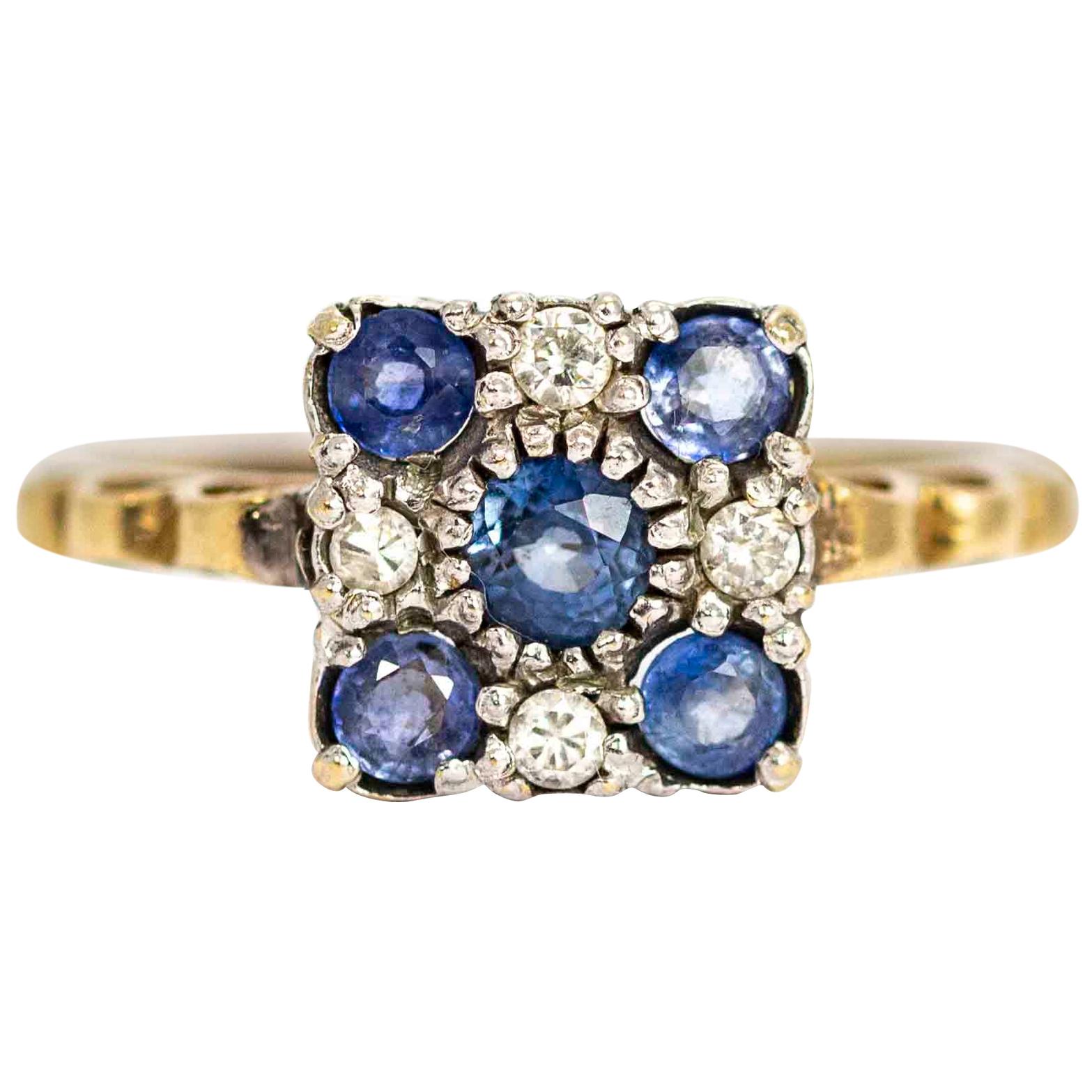 Art Deco 9 Carat Gold Sapphire and Diamond Cluster Ring