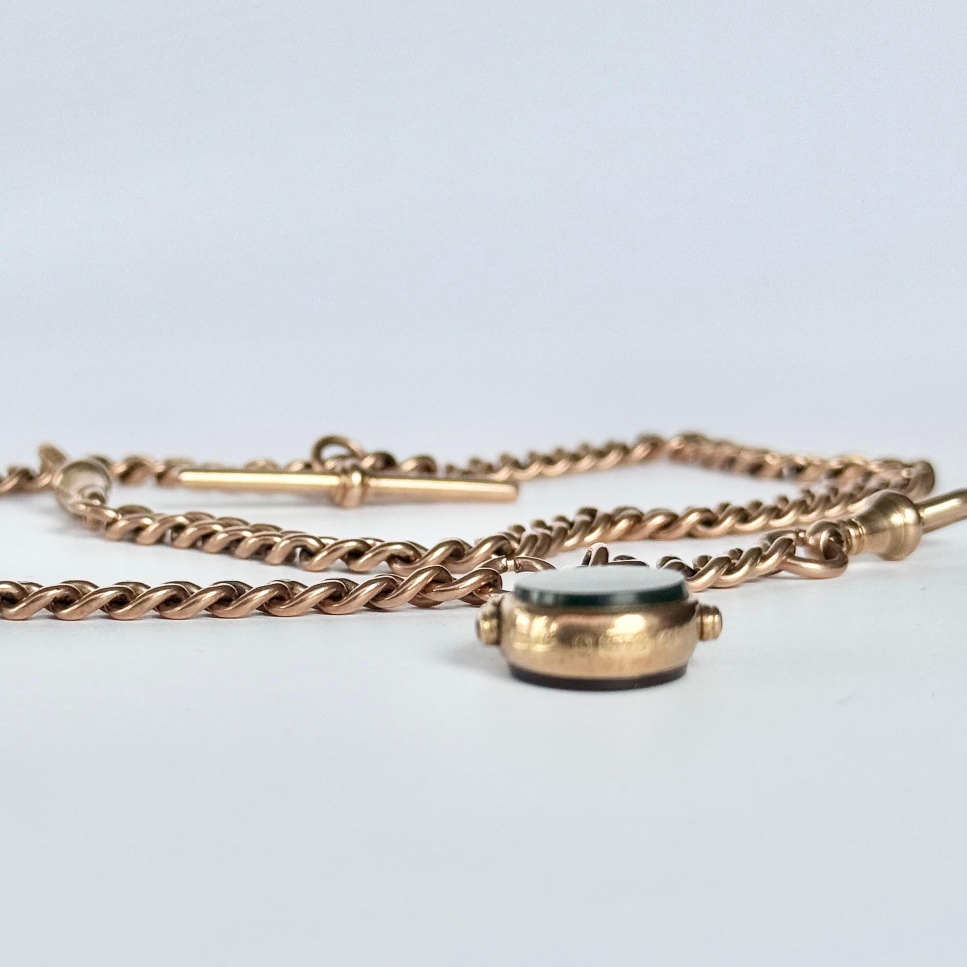 Art Deco 9 Carat Rose Gold Albert or Necklace Chain with T-Bar and Fob For Sale 1