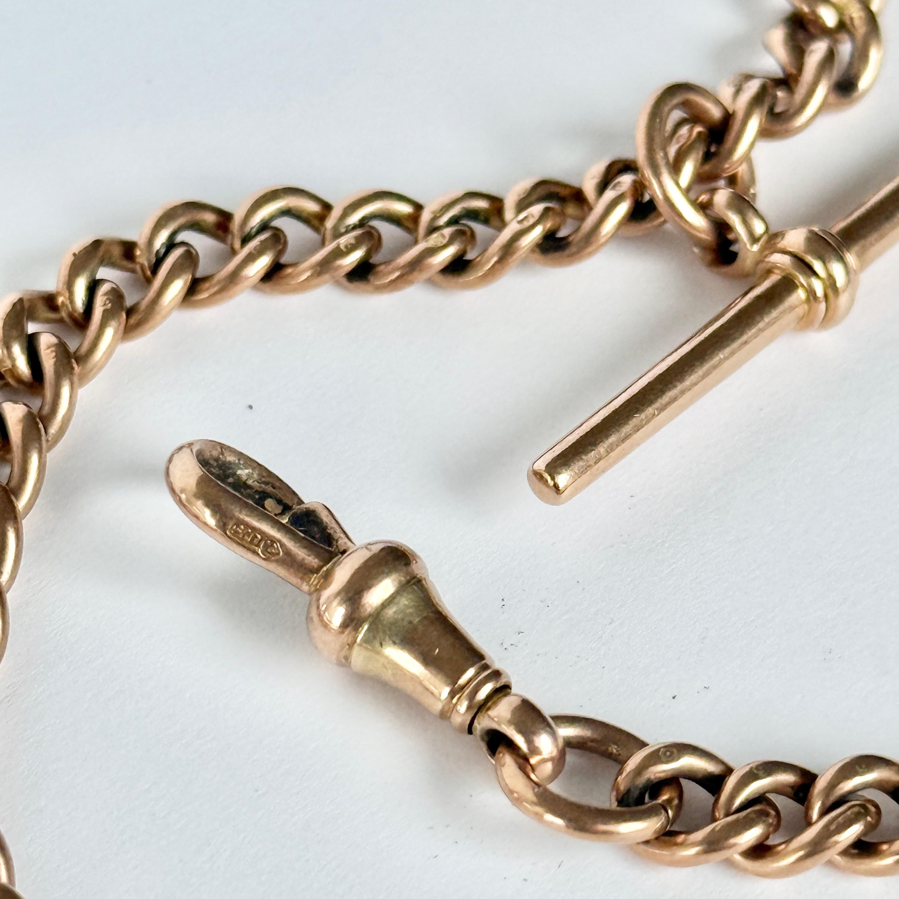 Art Deco 9 Carat Rose Gold Albert or Necklace Chain with T-Bar and Fob For Sale 2