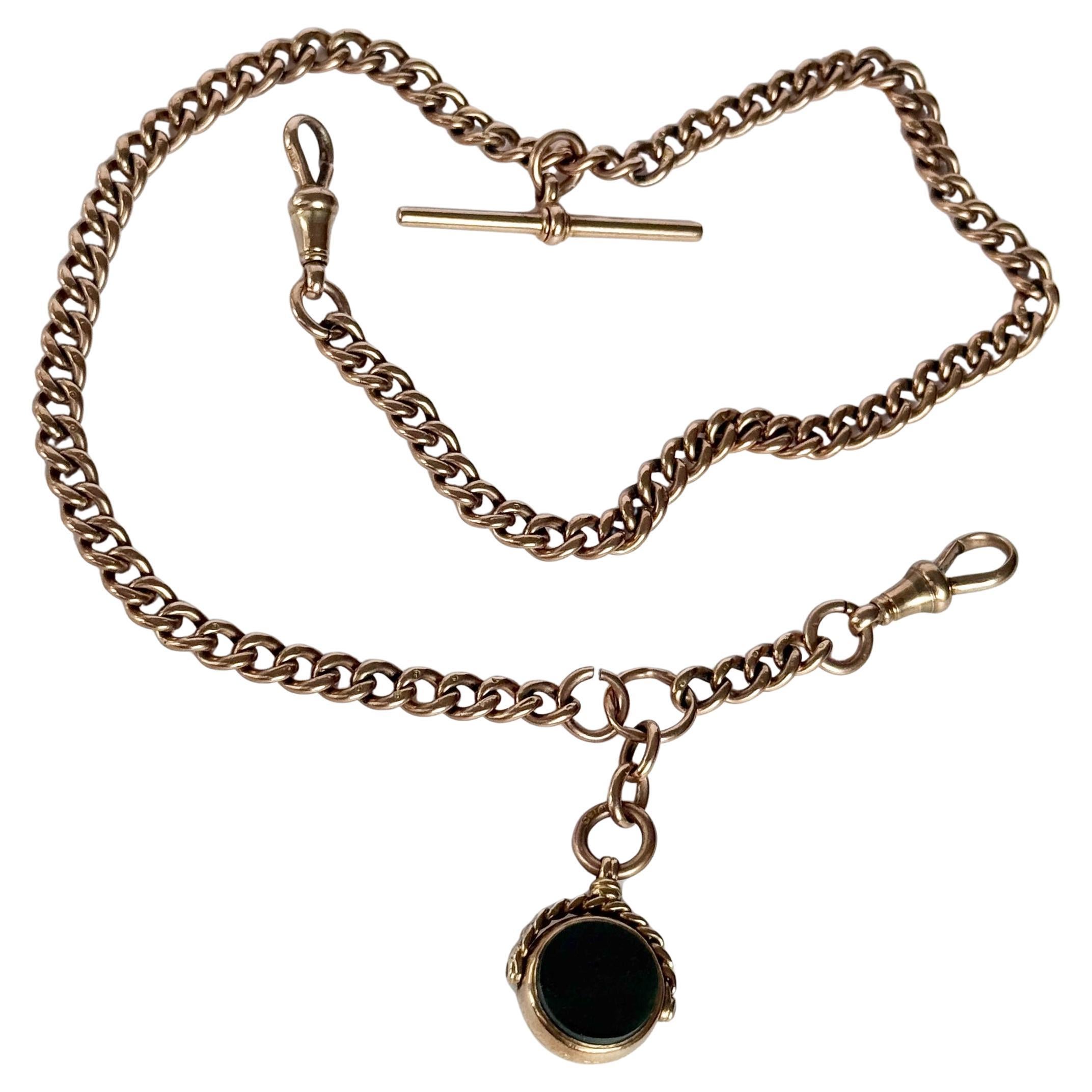 Art Deco 9 Carat Rose Gold Albert or Necklace Chain with T-Bar and Fob For Sale
