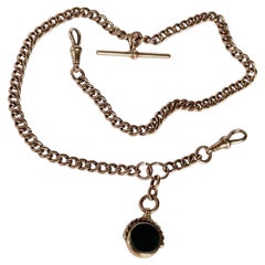 Art Deco 9 Carat Rose Gold Albert or Necklace Chain with T-Bar and Fob