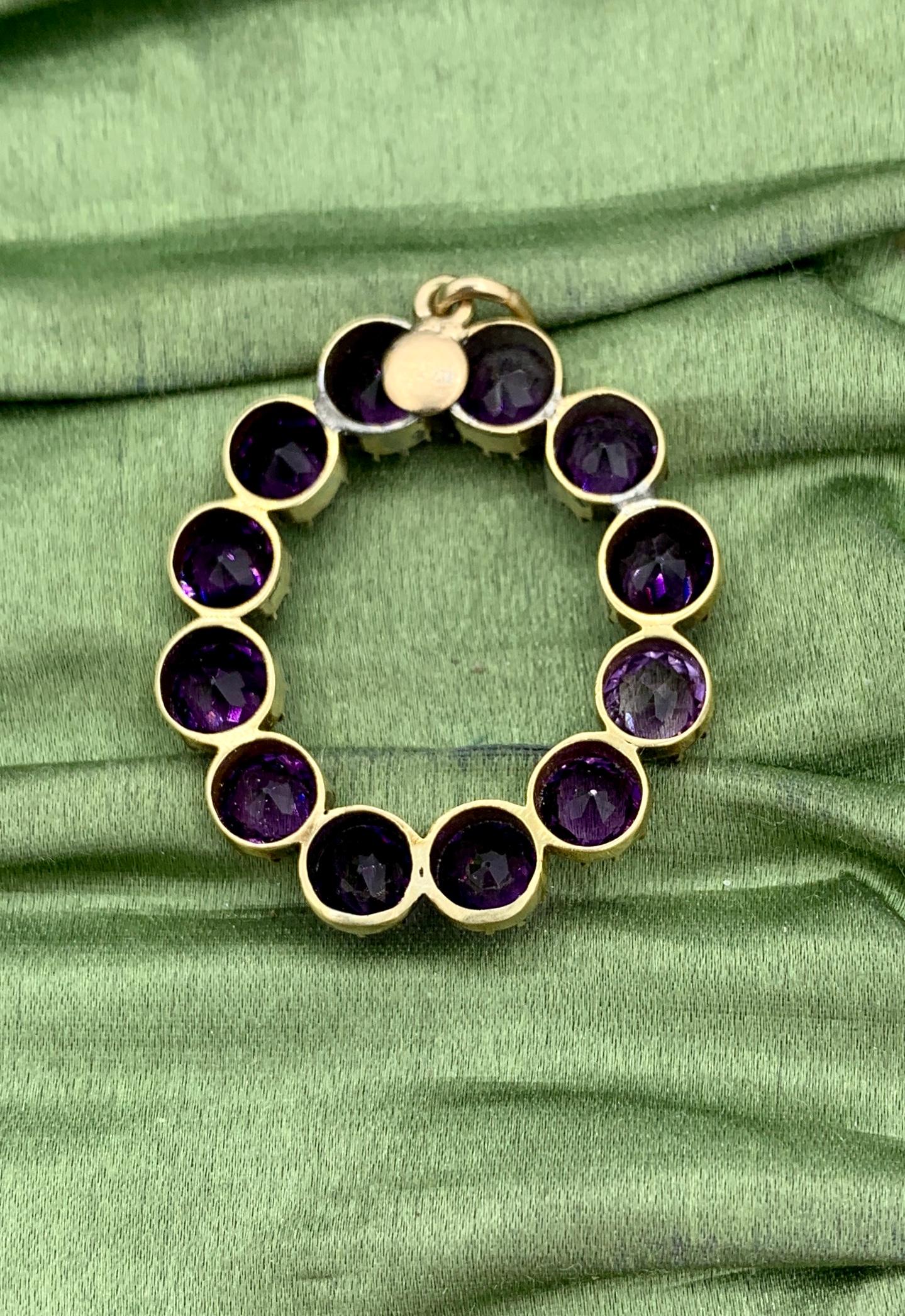 Round Cut Art Deco 9 Carat Siberian Amethyst Circle Pendant Necklace Antique 14 Karat Gold For Sale