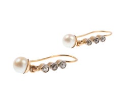 Art Deco 9 Carat Yellow Gold Diamond and Cultured Pearl Drop Earrings