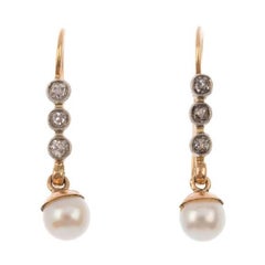 Art Deco 9 Carat Yellow Gold Diamond and Cultured Pearl Drop Earrings