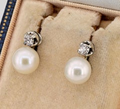 Art Deco 9 mm. Pearl .40 Ct Old Diamond Screw Back 18 Kt Earrings