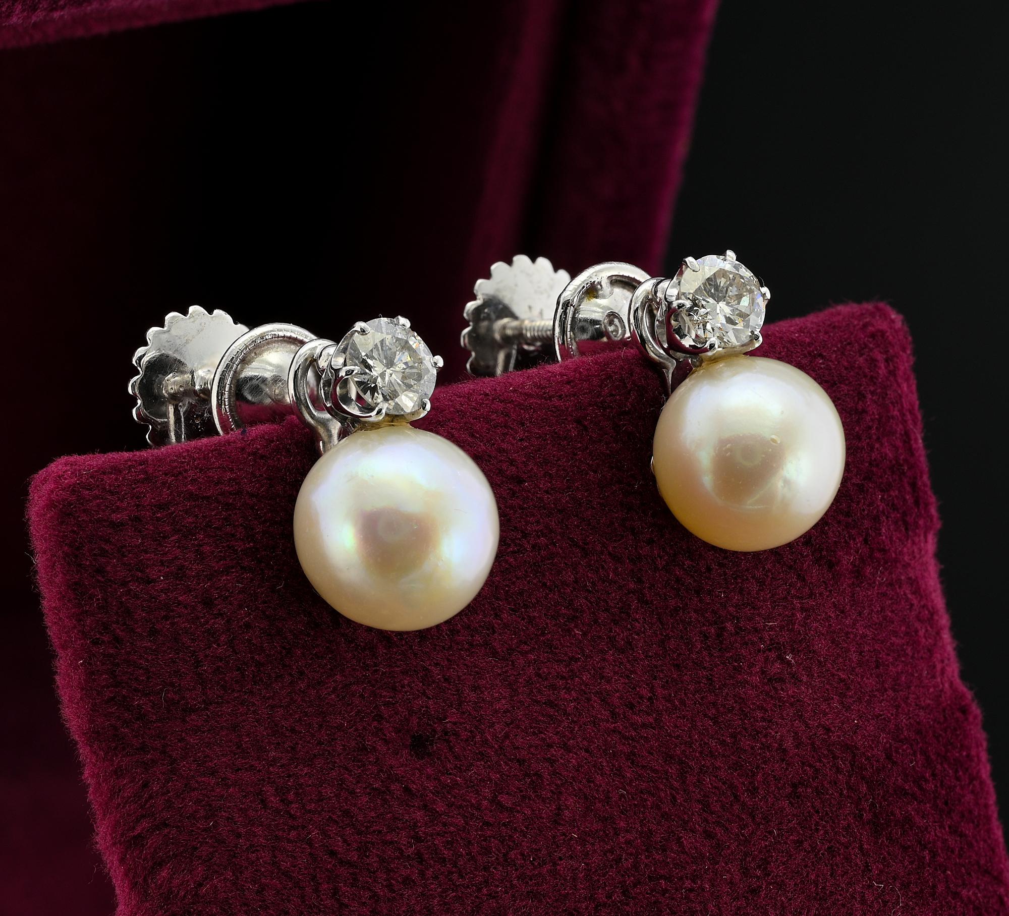 Women's Art Deco 9 mm. Pearl  .65 Ct Brilliant Cut Diamond 18 KT Screw Earrings For Sale