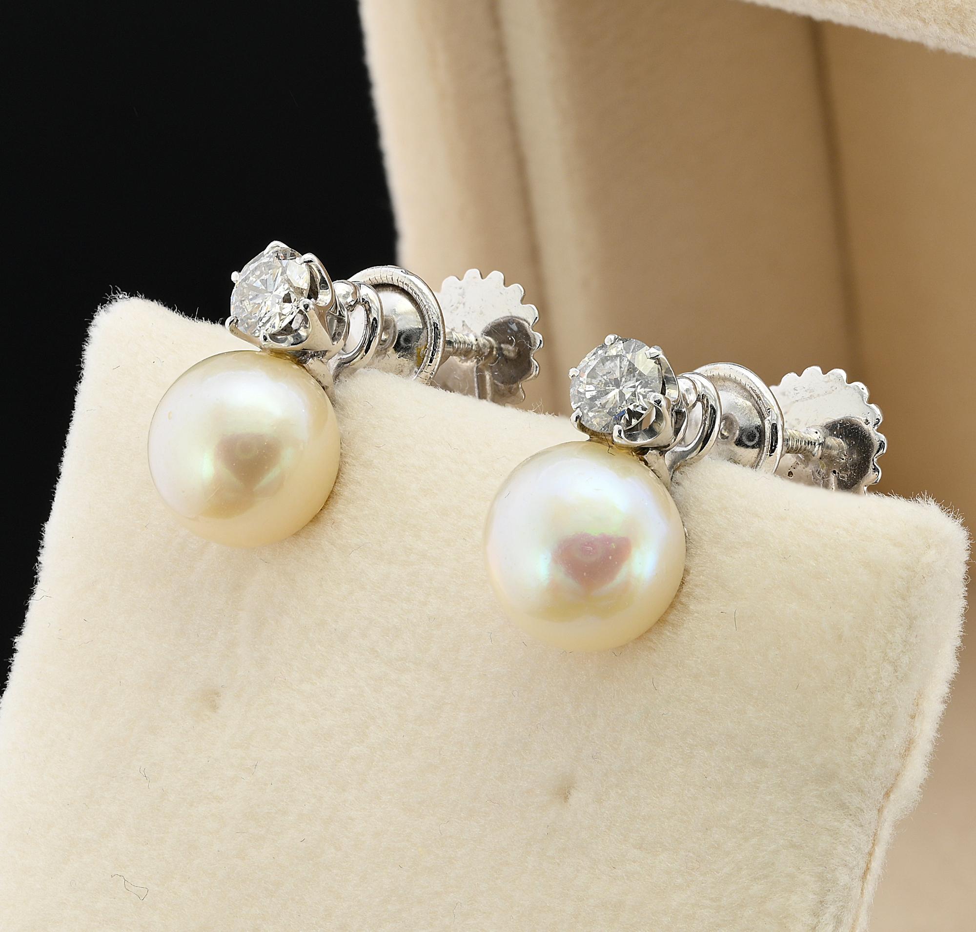Art Deco 9 mm. Pearl  .65 Ct Brilliant Cut Diamond 18 KT Screw Earrings For Sale 1