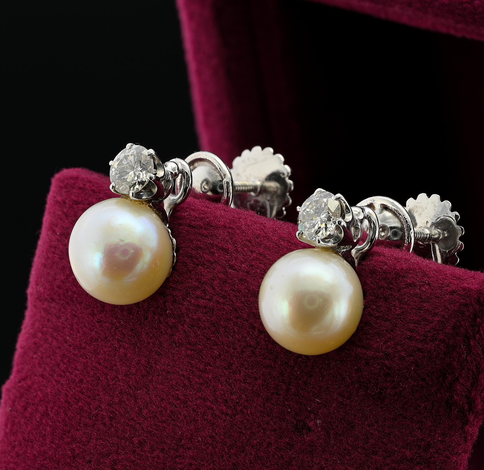 Art Deco 9 mm. Pearl  .65 Ct Brilliant Cut Diamond 18 KT Screw Earrings For Sale 2