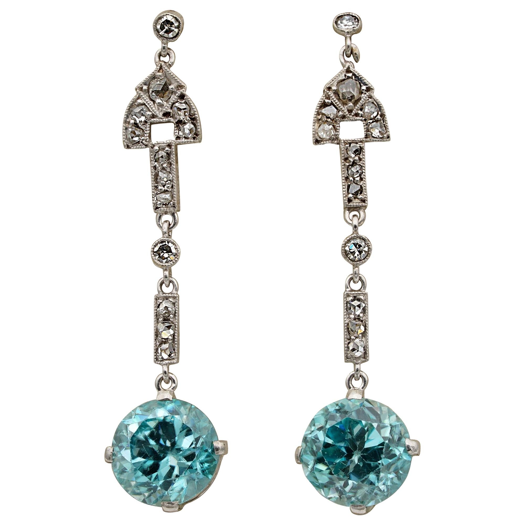 Art Deco 9.00 Carat Natural Blue Zircon and Diamond Platinum Drop Earrings For Sale