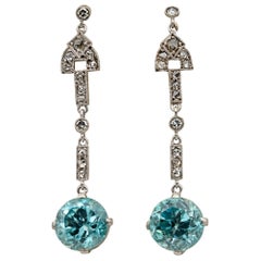 Art Deco 9.00 Carat Natural Blue Zircon and Diamond Platinum Drop Earrings