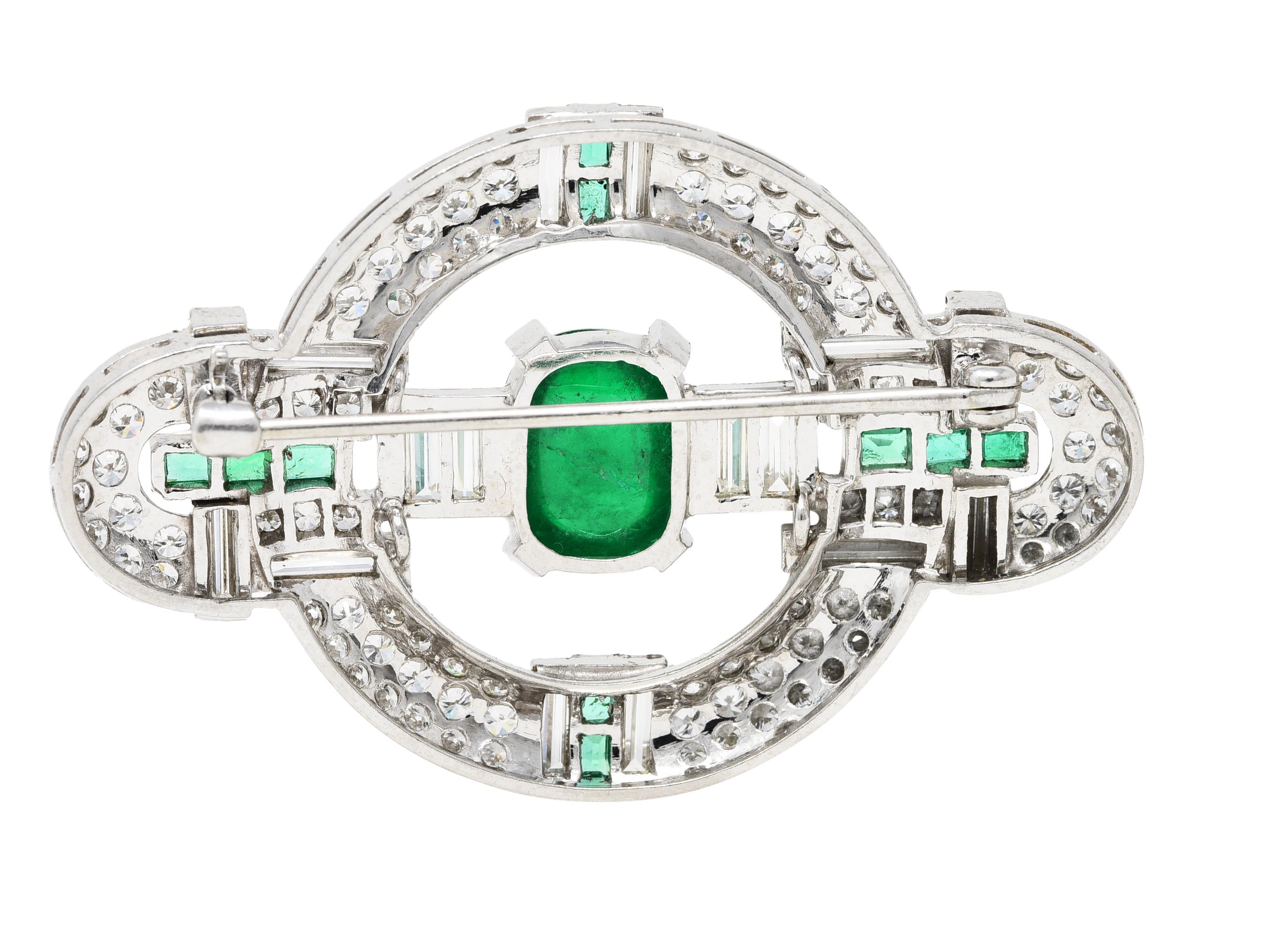 Cabochon Art Deco 9.00 Carats Emerald Pavé Diamond Platinum Circular Gemstone Brooch