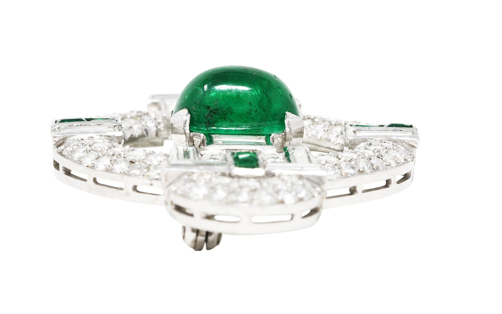 Art Deco 9.00 Carats Emerald Pavé Diamond Platinum Circular Gemstone Brooch 1