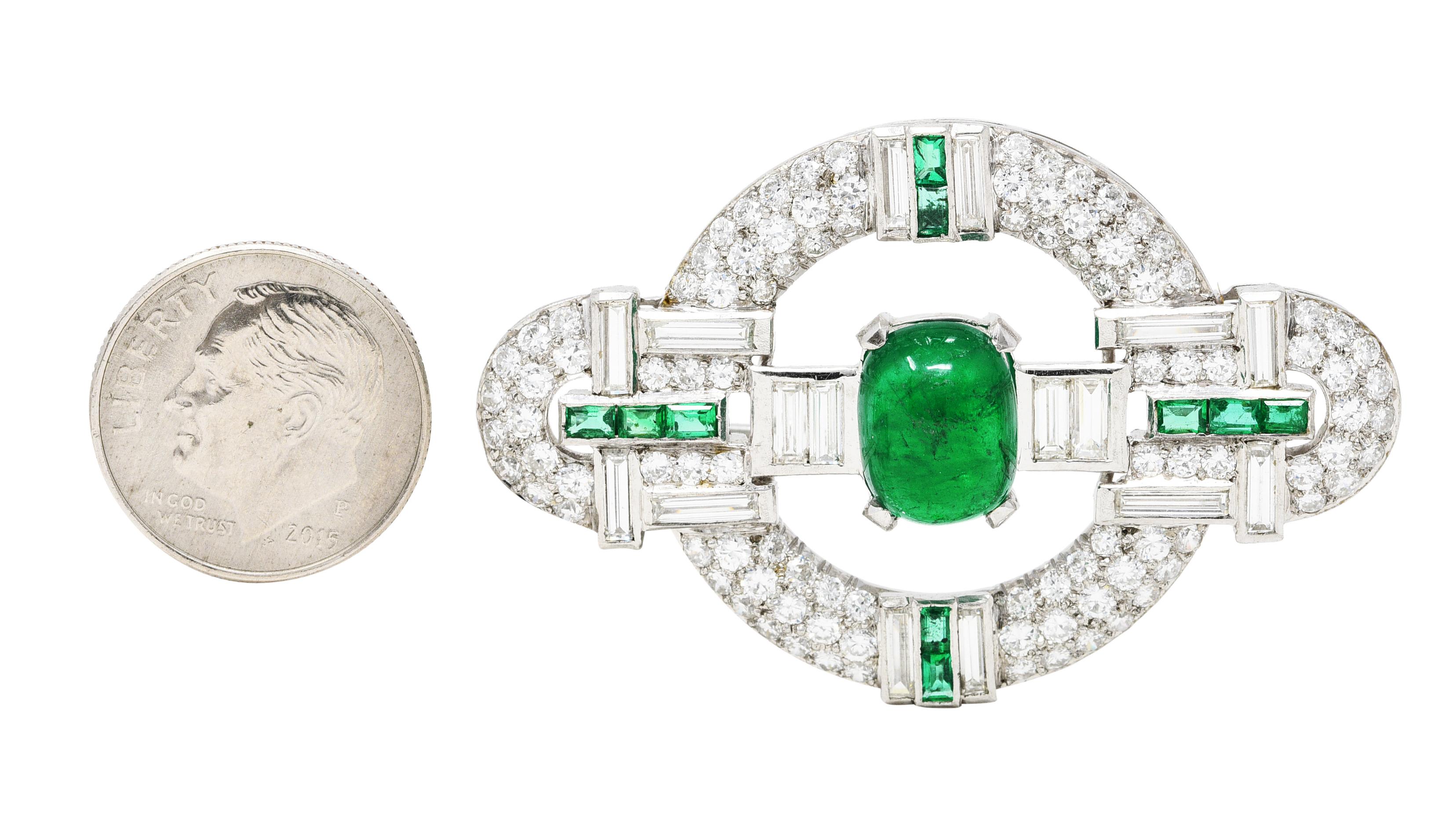 Art Deco 9.00 Carats Emerald Pavé Diamond Platinum Circular Gemstone Brooch 2