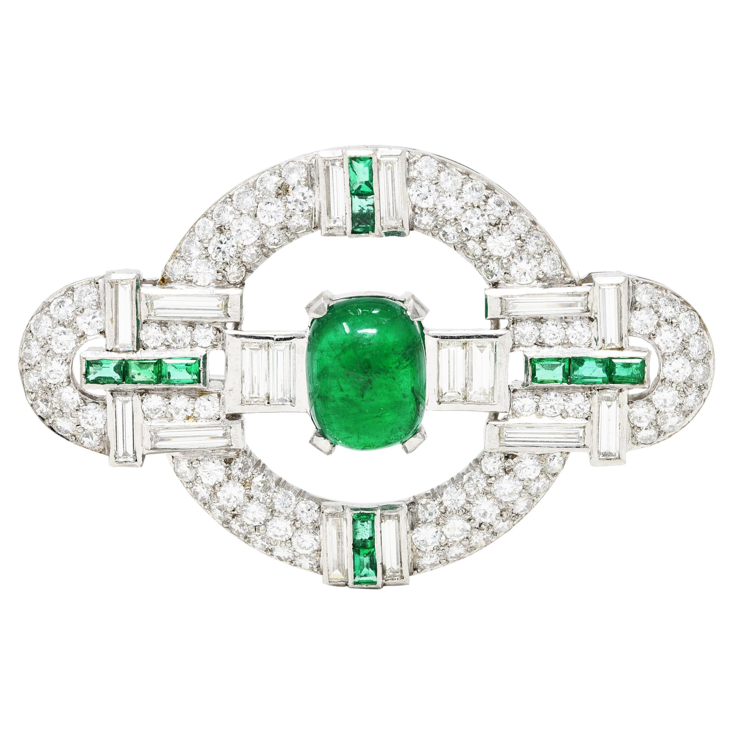 Art Deco 9.00 Carats Emerald Pavé Diamond Platinum Circular Gemstone Brooch