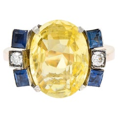 Art Deco 9.00 Carats Yellow Sapphire Diamond 14 Karat Gold Gemstone Ring