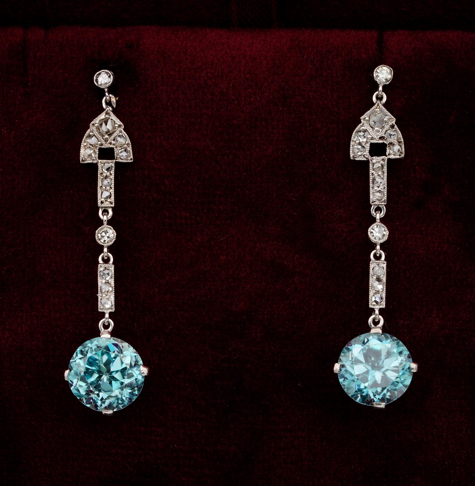 Simply Fantastic!

A fabulous rare find! An original pair of Art Deco solid Platinum - Natural not treated - Blue Zircon and Rose cut Diamonds drop earrings stepping back to 1920 ca!
Most charming in design – words cannot say how beautiful and