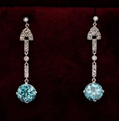 Art Deco 9.00 Carat Natural Blue Zircon and Diamond Platinum Drop Earrings