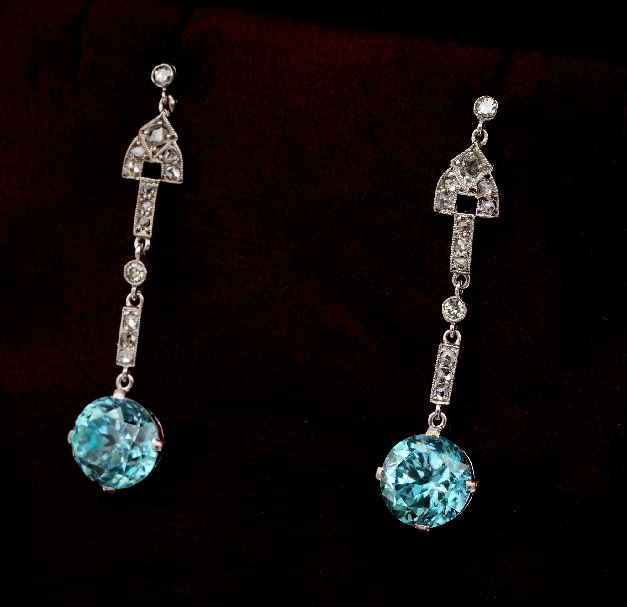 Women's Art Deco 9.00 Carat Natural Blue Zircon and Diamond Platinum Drop Earrings For Sale