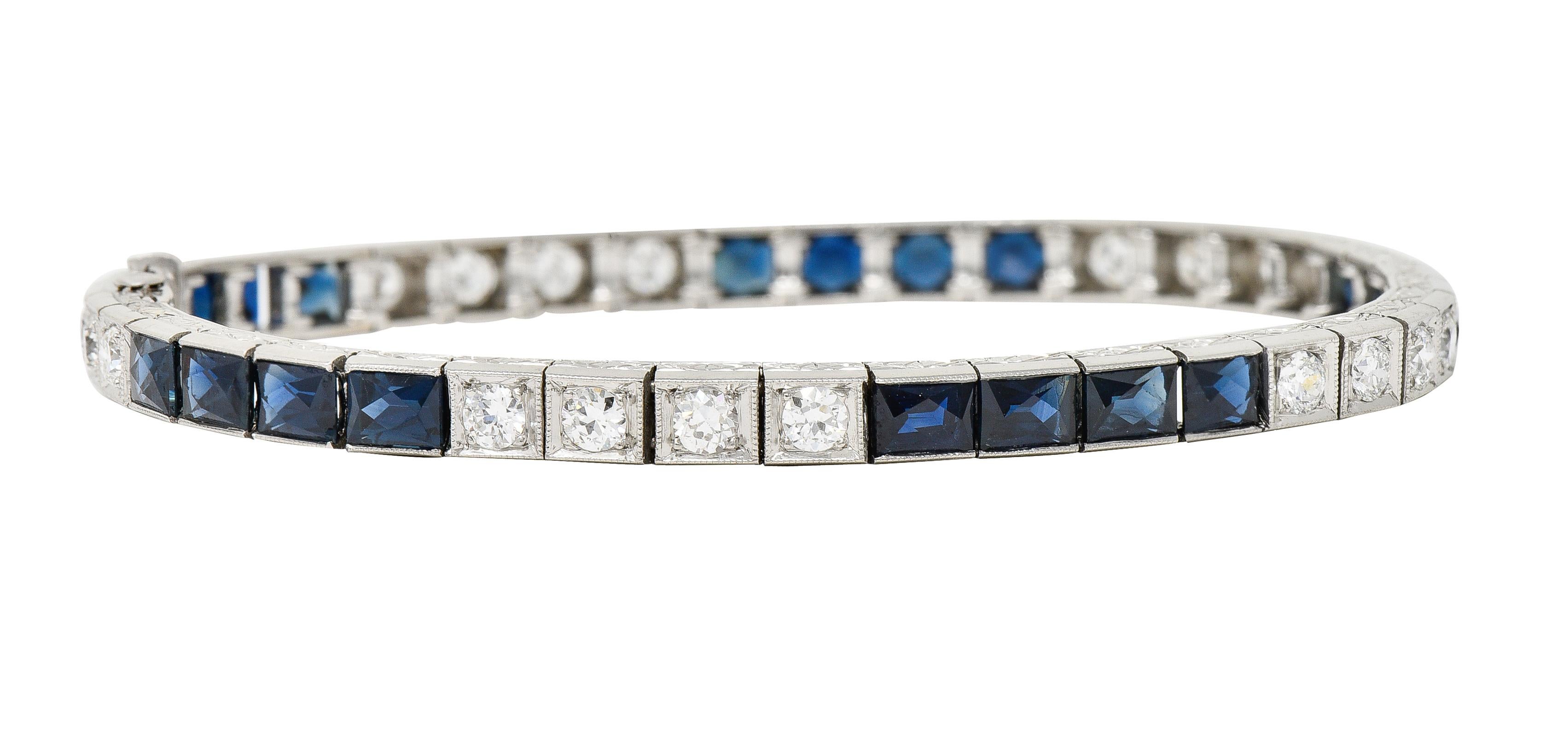Art déco Art Deco 9.00 CTW French Cut Sapphire Diamond Platinum Vintage Channel Bracelet en vente