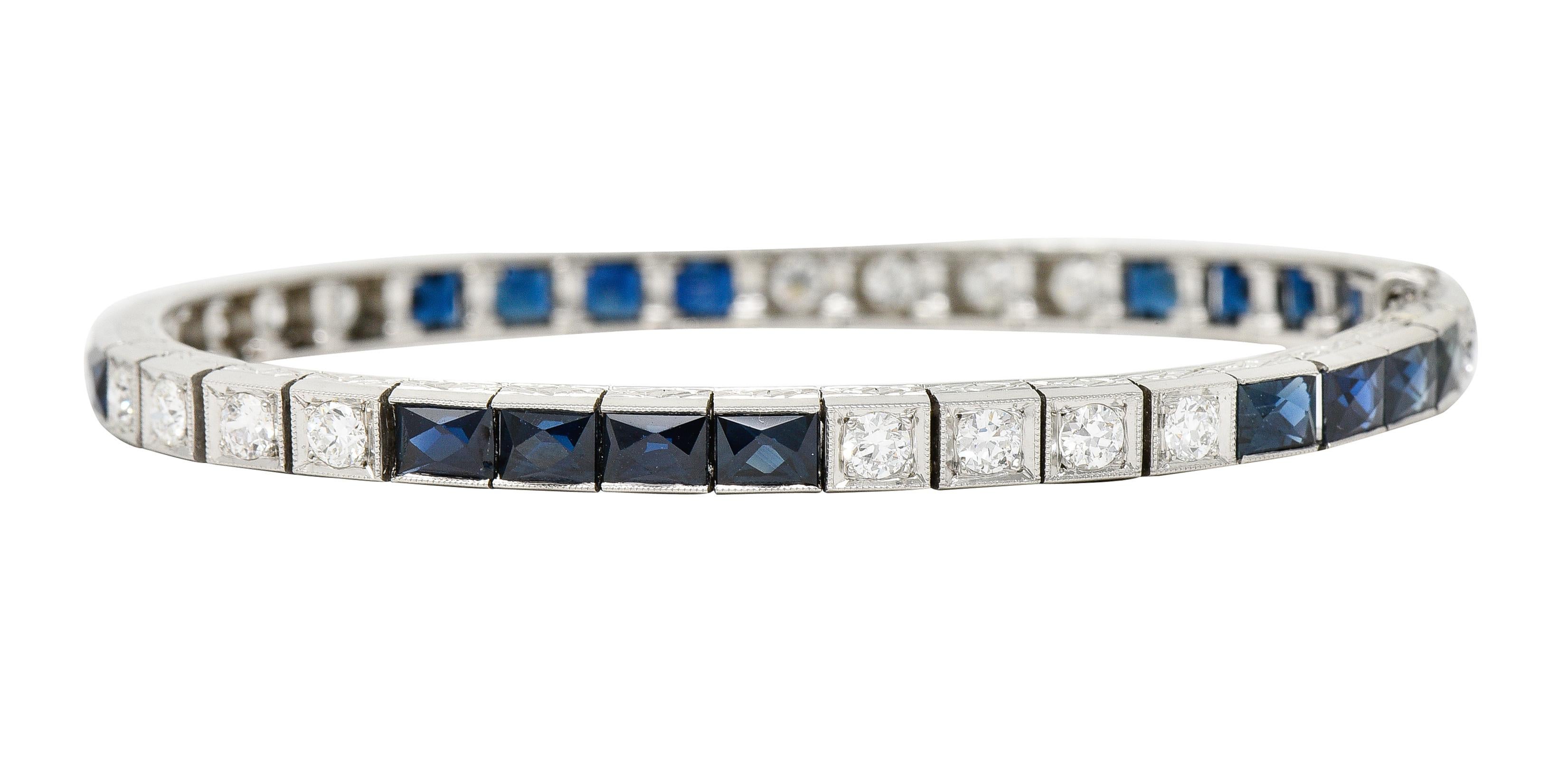 Art Deco 9.00 CTW French Cut Sapphire Diamond Platinum Vintage Channel Bracelet Excellent état - En vente à Philadelphia, PA