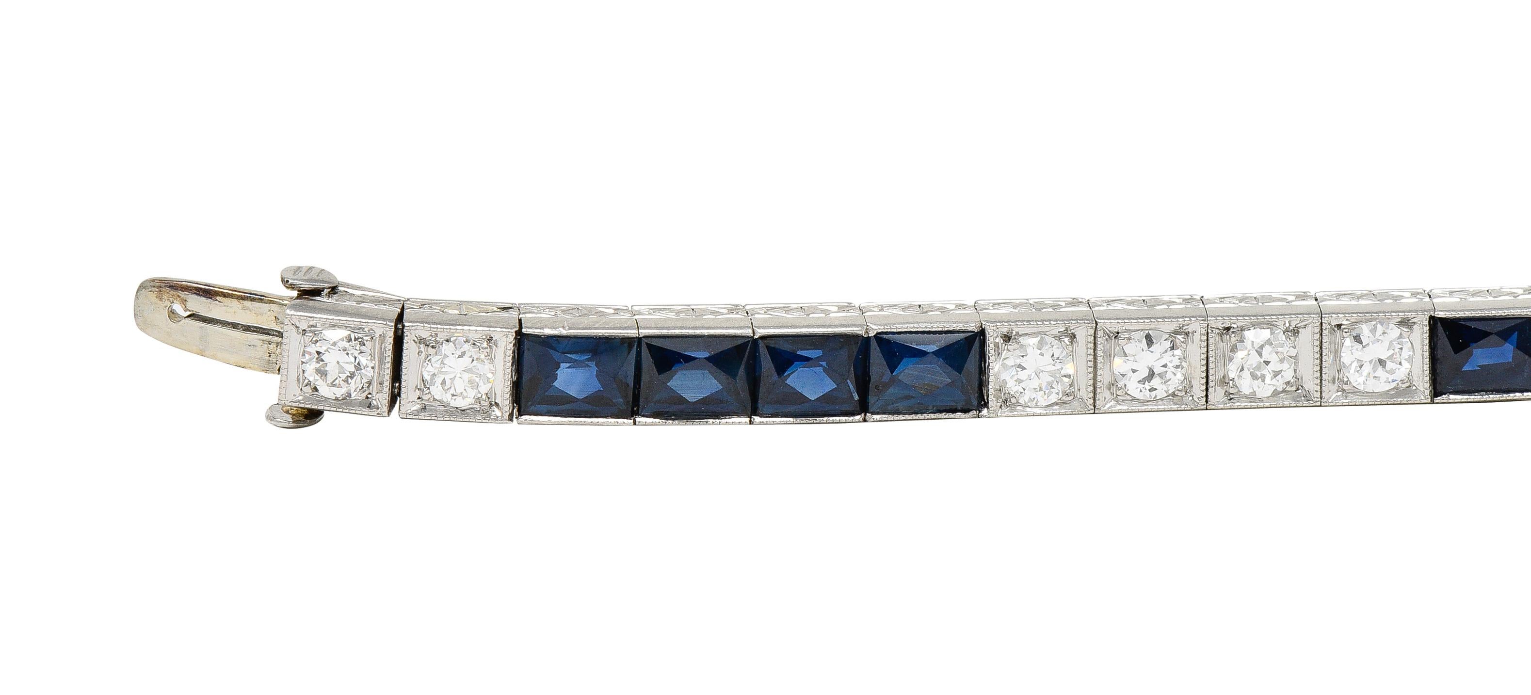Art Deco 9.00 CTW French Cut Sapphire Diamond Platinum Vintage Channel Bracelet Unisexe en vente