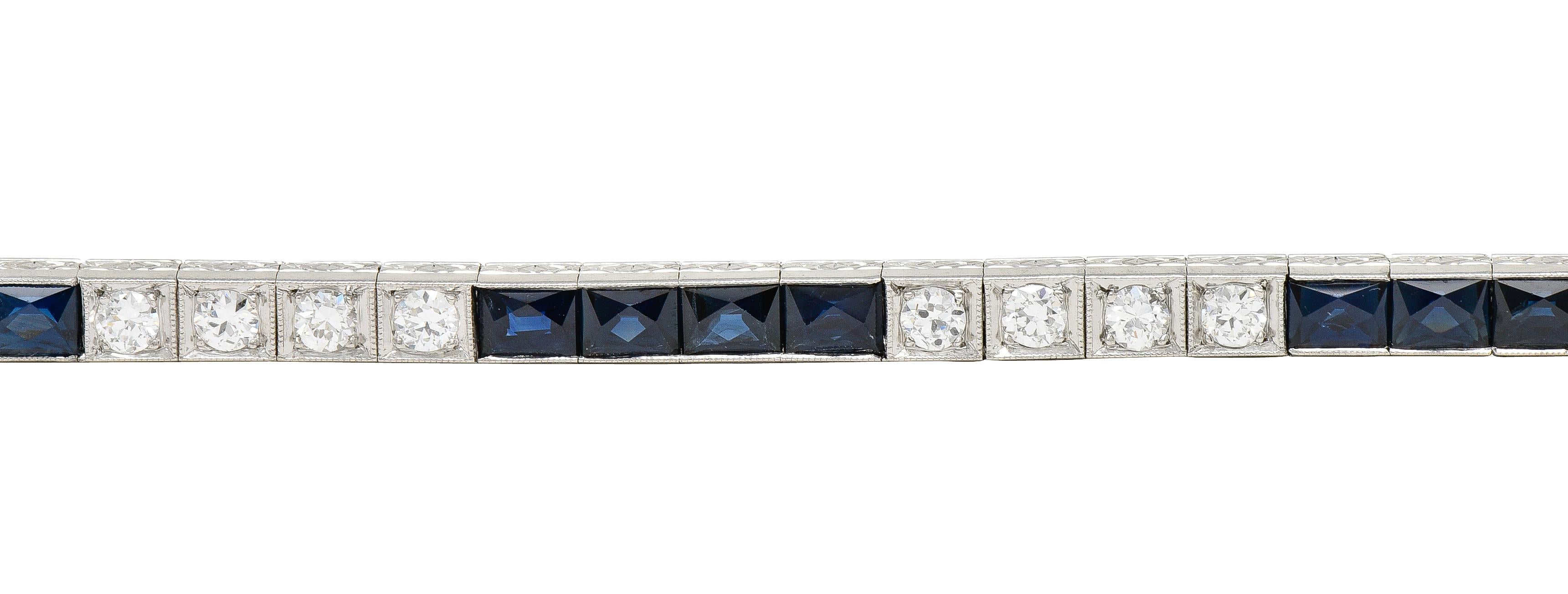 Art Deco 9.00 CTW French Cut Sapphire Diamond Platinum Vintage Channel Bracelet en vente 1