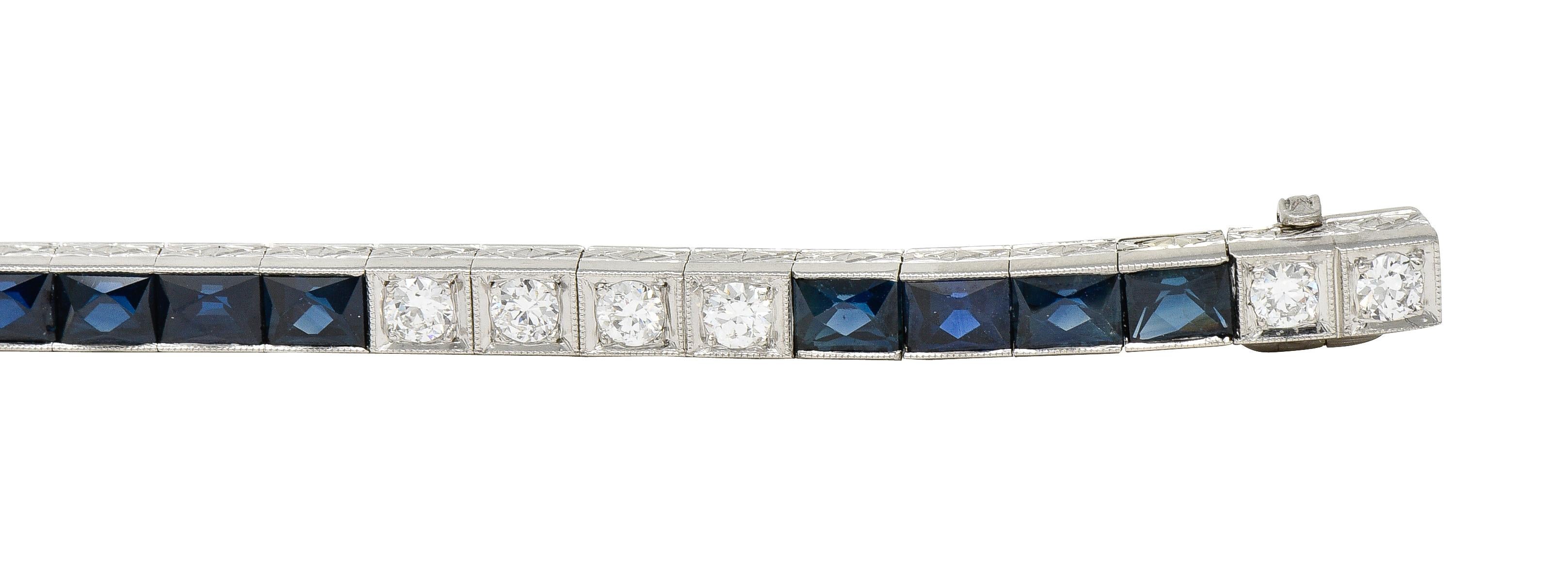Art Deco 9.00 CTW French Cut Sapphire Diamond Platinum Vintage Channel Bracelet en vente 2