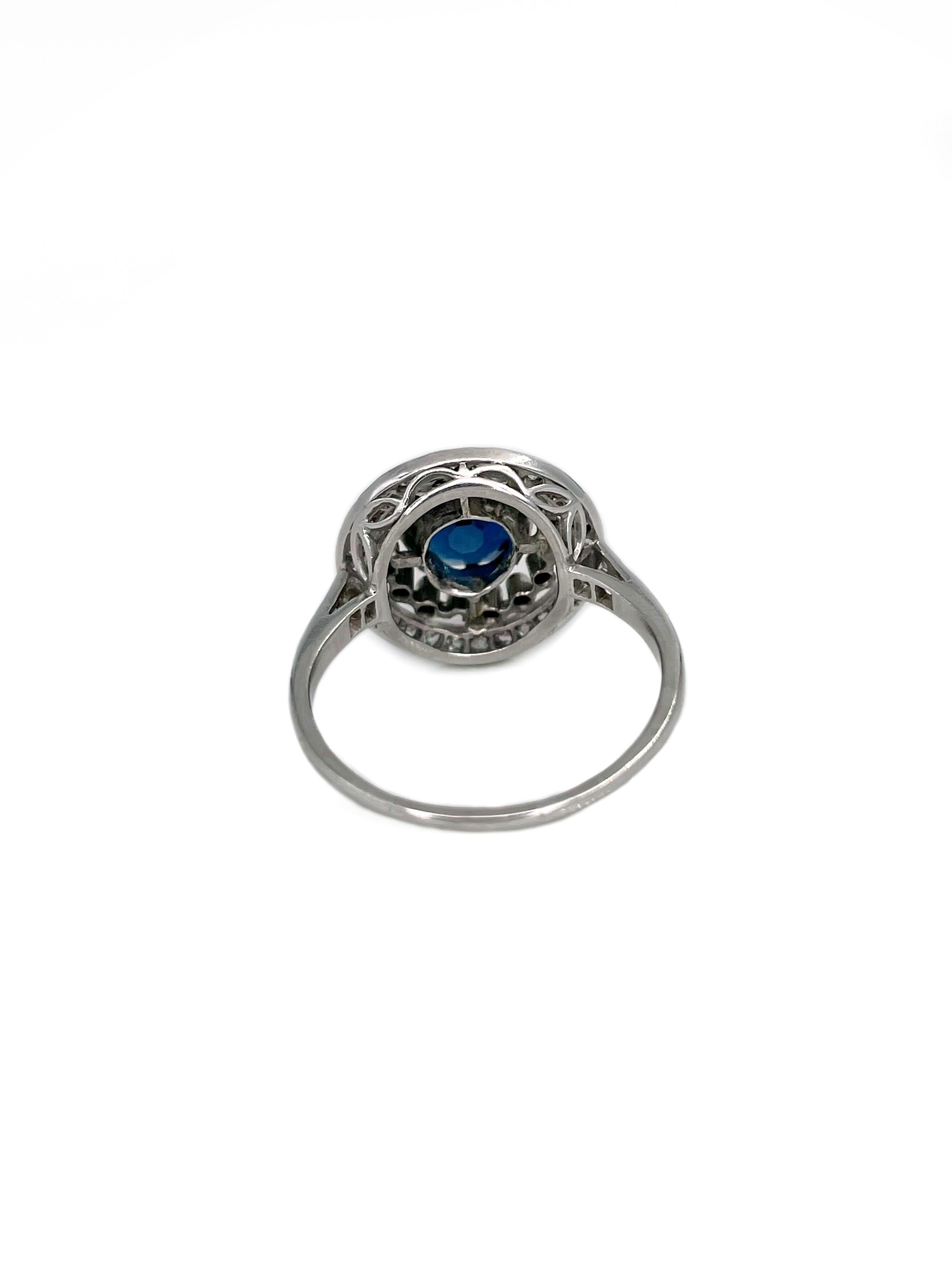 Art Deco 900 Platin 1,80 Karat VS Saphir 0,28 Karat Diamant Cluster Ring im Zustand „Gut“ im Angebot in Vilnius, Vilniaus apskr.