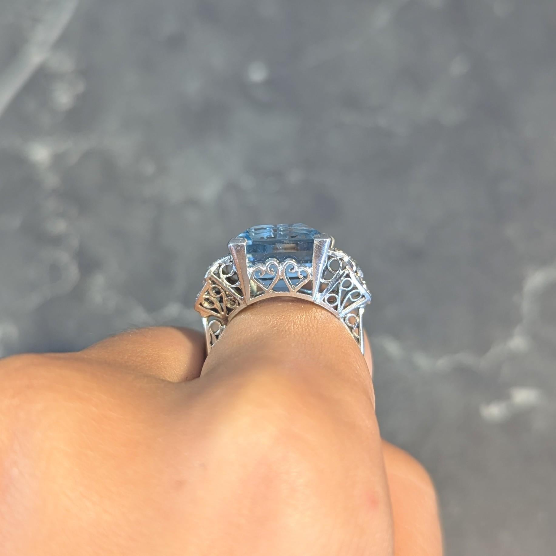 Anello Cocktail Vintage in platino con diamante acquamarina taglio Step 9,01 CTW Art of Vintage in vendita 7