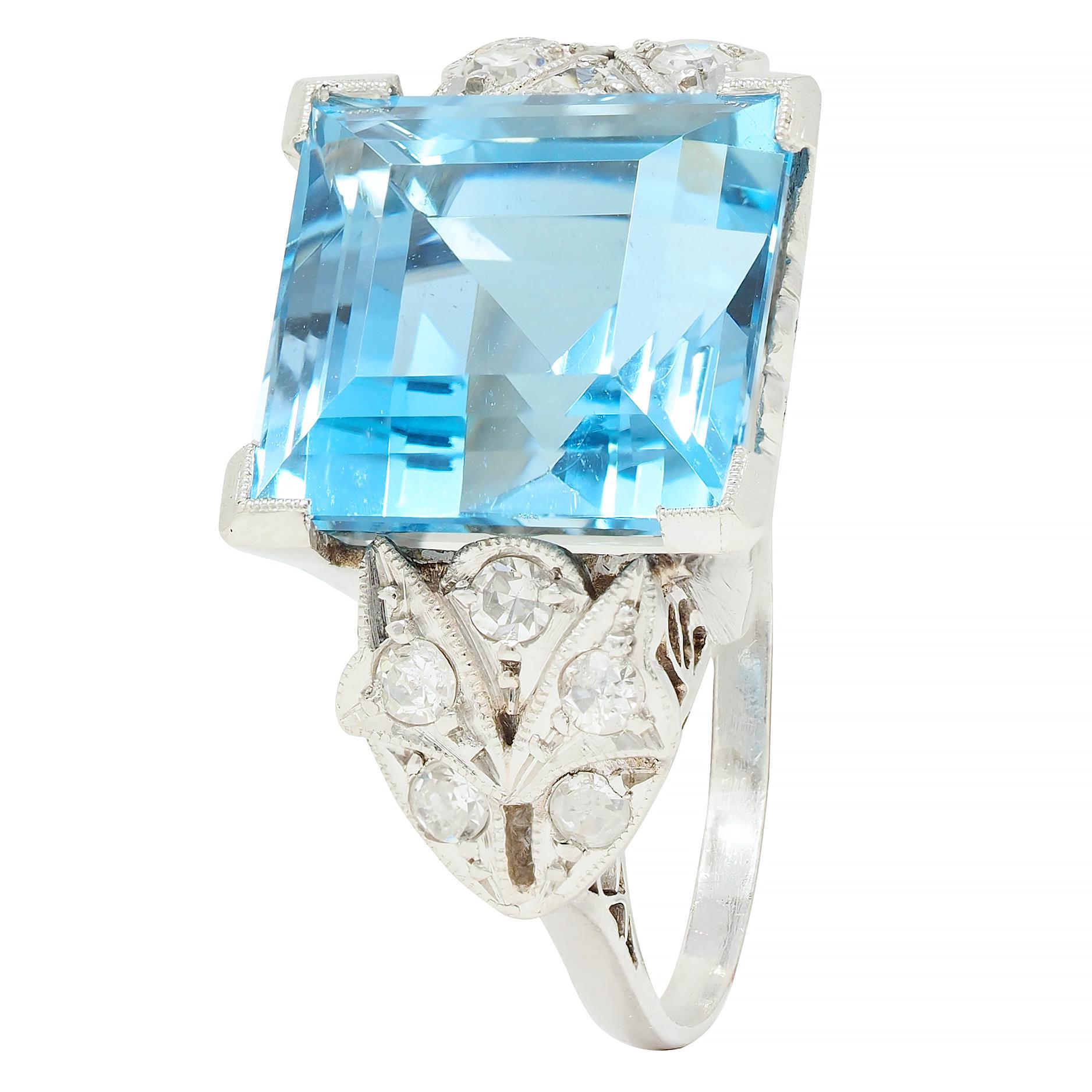 Anello Cocktail Vintage in platino con diamante acquamarina taglio Step 9,01 CTW Art of Vintage in vendita 2