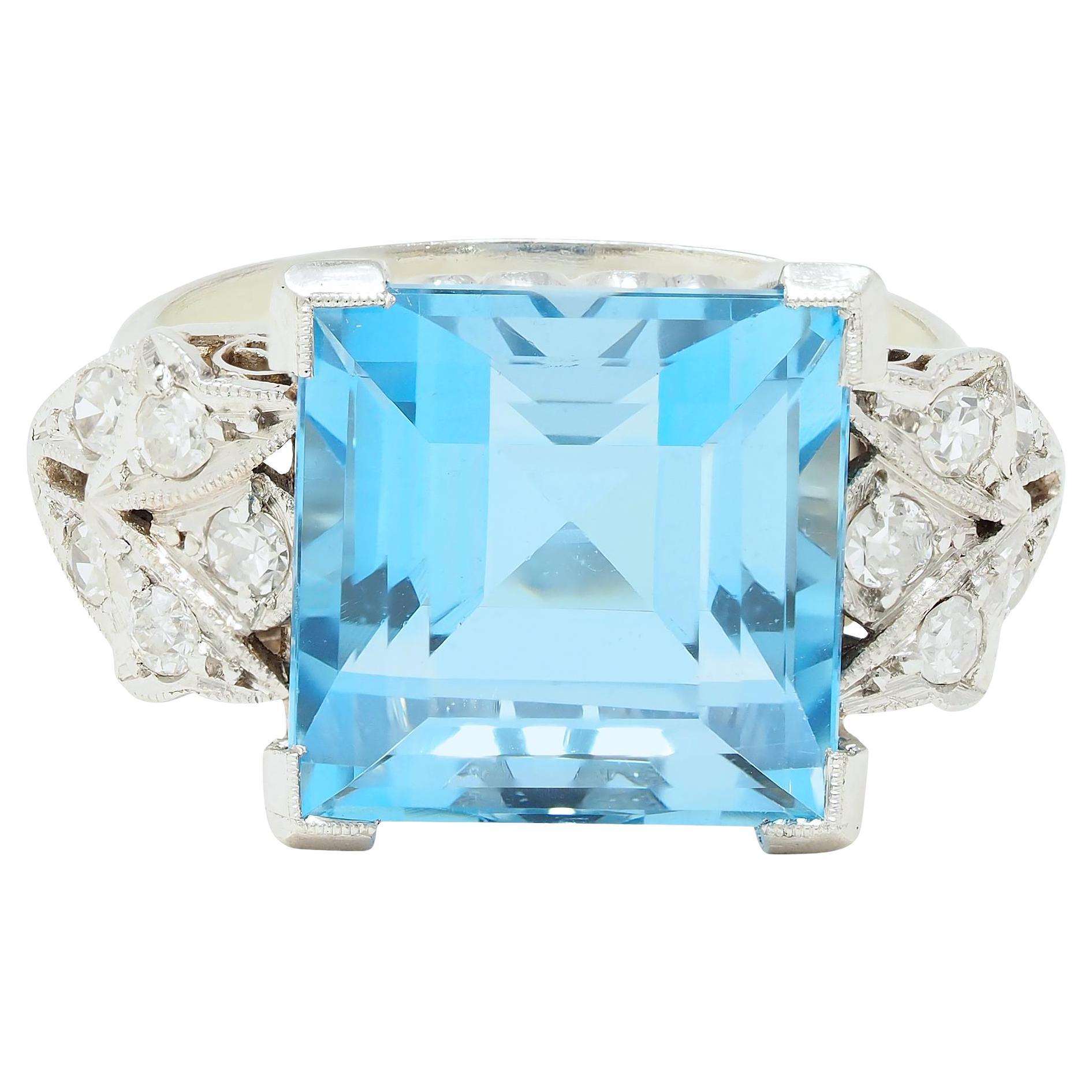 Art Deco 9.01 CTW Step Cut Aquamarine Diamond Platinum Vintage Cocktail Ring