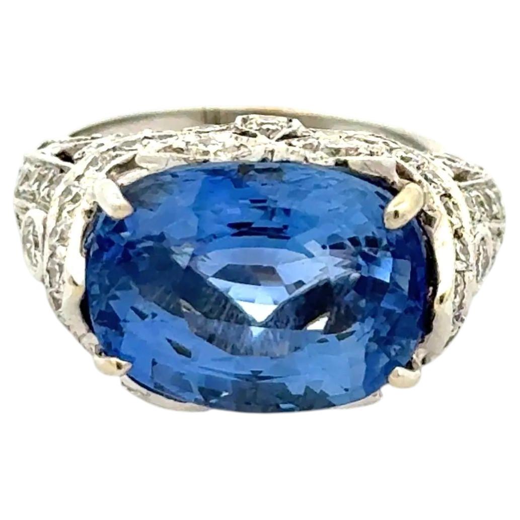 Art Deco 9.07 Carat Cushion NO Heat Ceylon Sapphire GIA & Diamond Platinum Ring For Sale