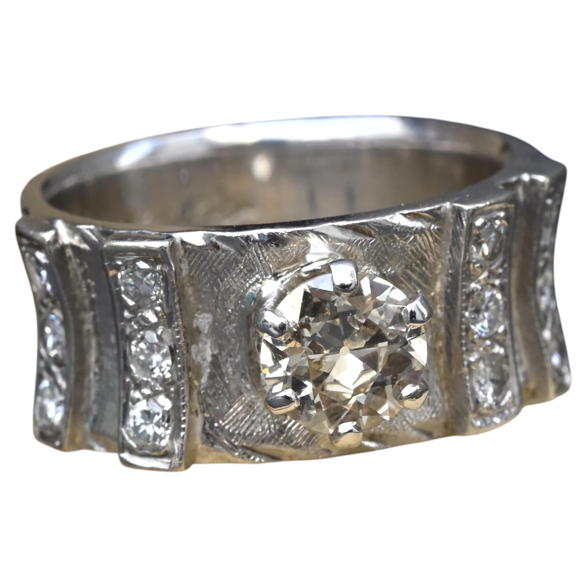Art Deco .90ctw Old European Diamond Ring 14K White Gold IGI Certified 7.62g