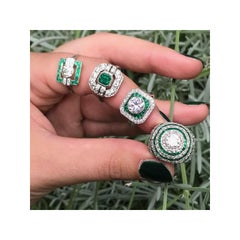 Art Deco .91 Carat Diamond and Emerald Platinum Square Geometric Ring, 1920s