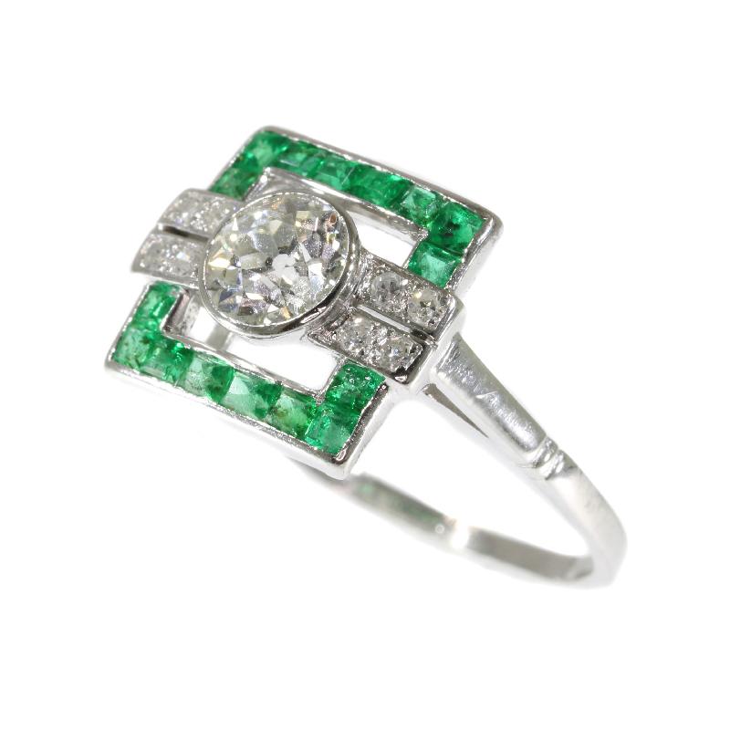 Old European Cut Art Deco .91 Carat Diamond and Emerald Platinum Square Geometric Ring, 1920s For Sale