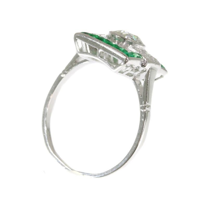 Art Deco .91 Carat Diamond and Emerald Platinum Square Geometric Ring, 1920s For Sale 2