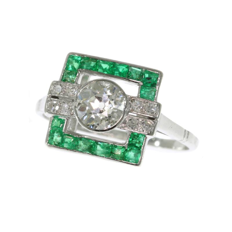 Art Deco .91 Carat Diamond and Emerald Platinum Square Geometric Ring, 1920s For Sale
