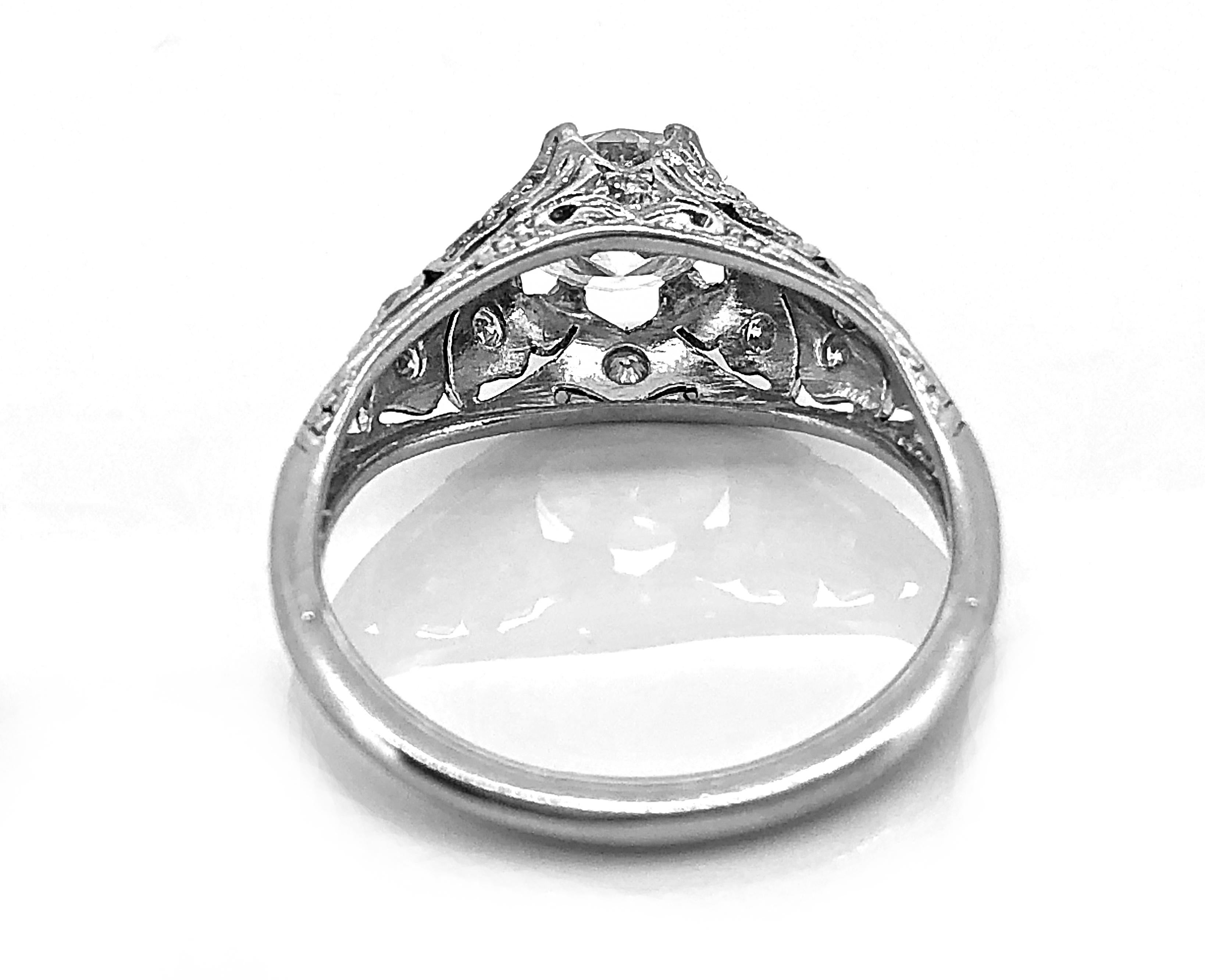 Art Deco .91 Carat Diamond & Platinum Antique Engagement Ring In Excellent Condition In Tampa, FL