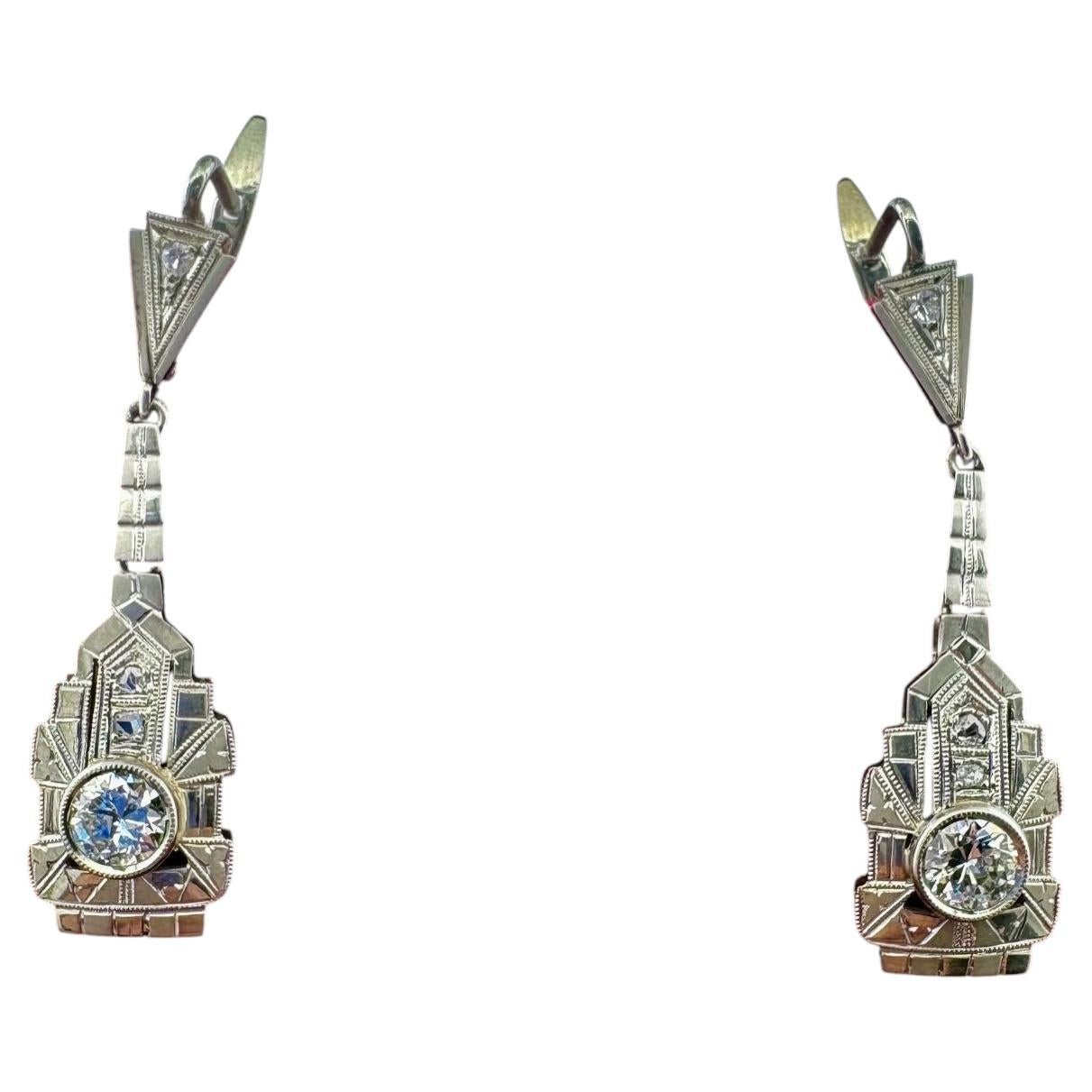 Art Deco .92 CT Diamond Drop Earrings 18 KT For Sale