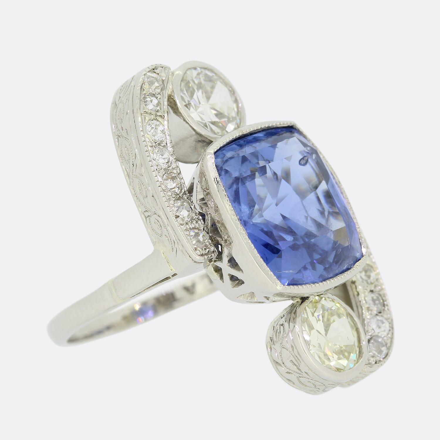 Cushion Cut Art Deco 9.20 Carat Unheated Ceylon Sapphire and Diamond Ring For Sale