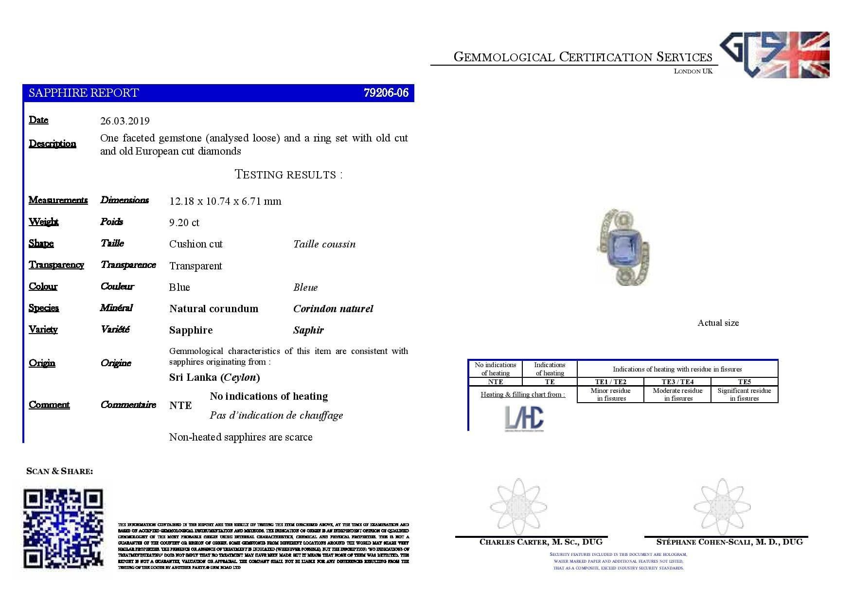 Women's Art Deco 9.20 Carat Unheated Ceylon Sapphire and Diamond Ring For Sale