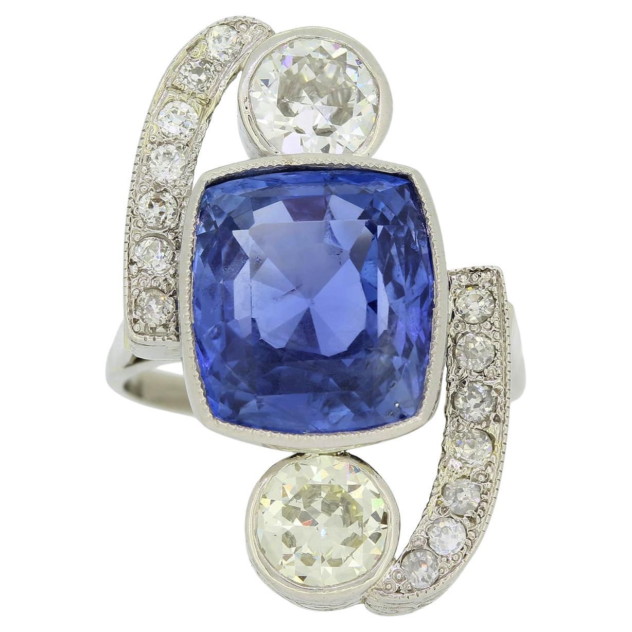 Anello Art Deco con zaffiro di Ceylon non riscaldato e diamanti da 9,20 carati