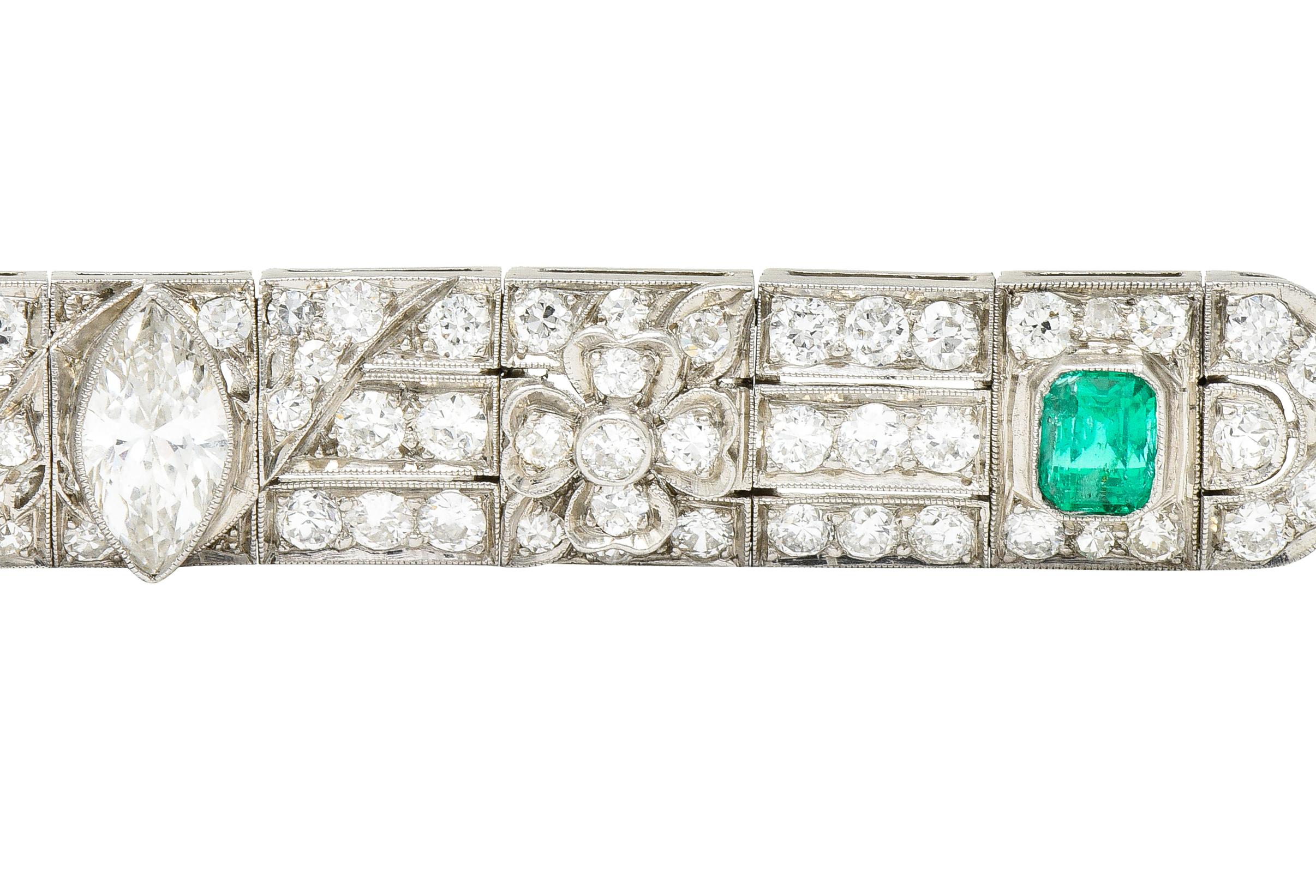 Art Deco 9.25 Carats Emerald Diamond Platinum Clover Link Bracelet 5