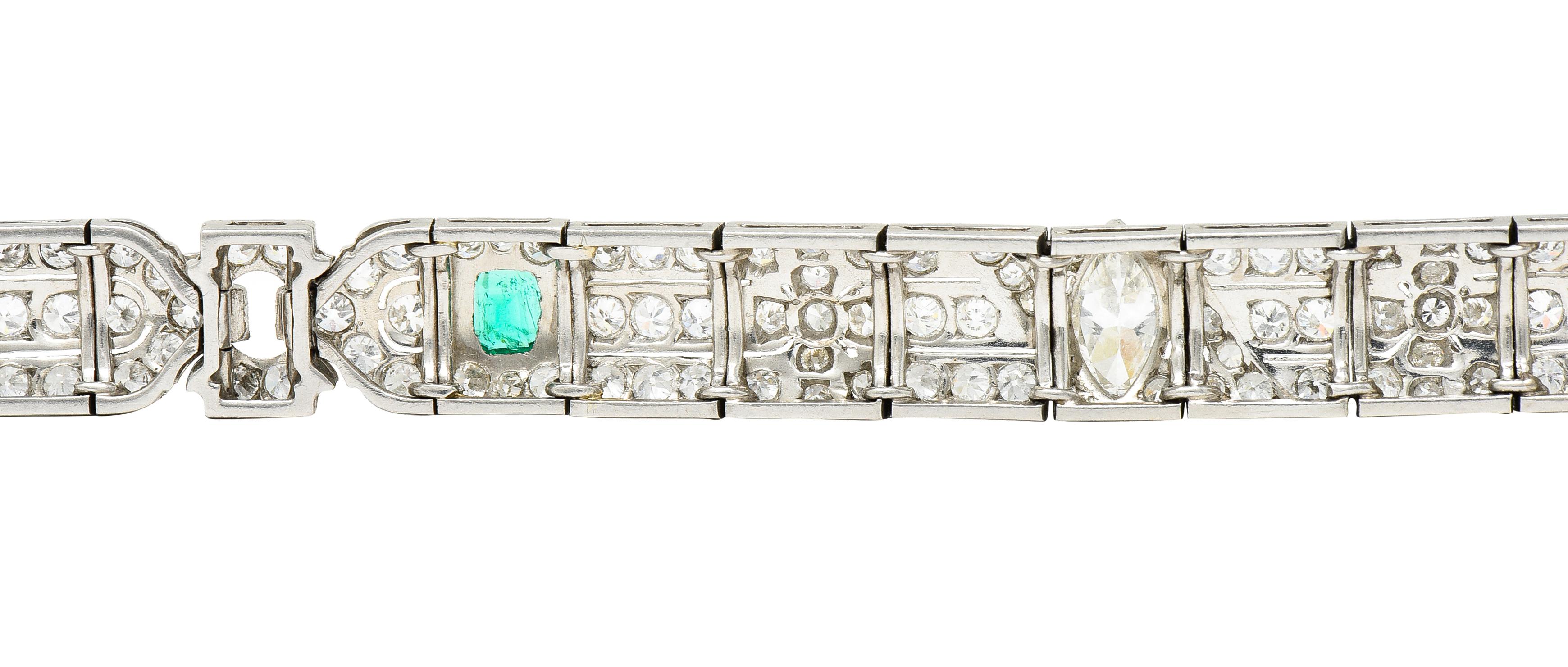 Art Deco 9.25 Carats Emerald Diamond Platinum Clover Link Bracelet 6