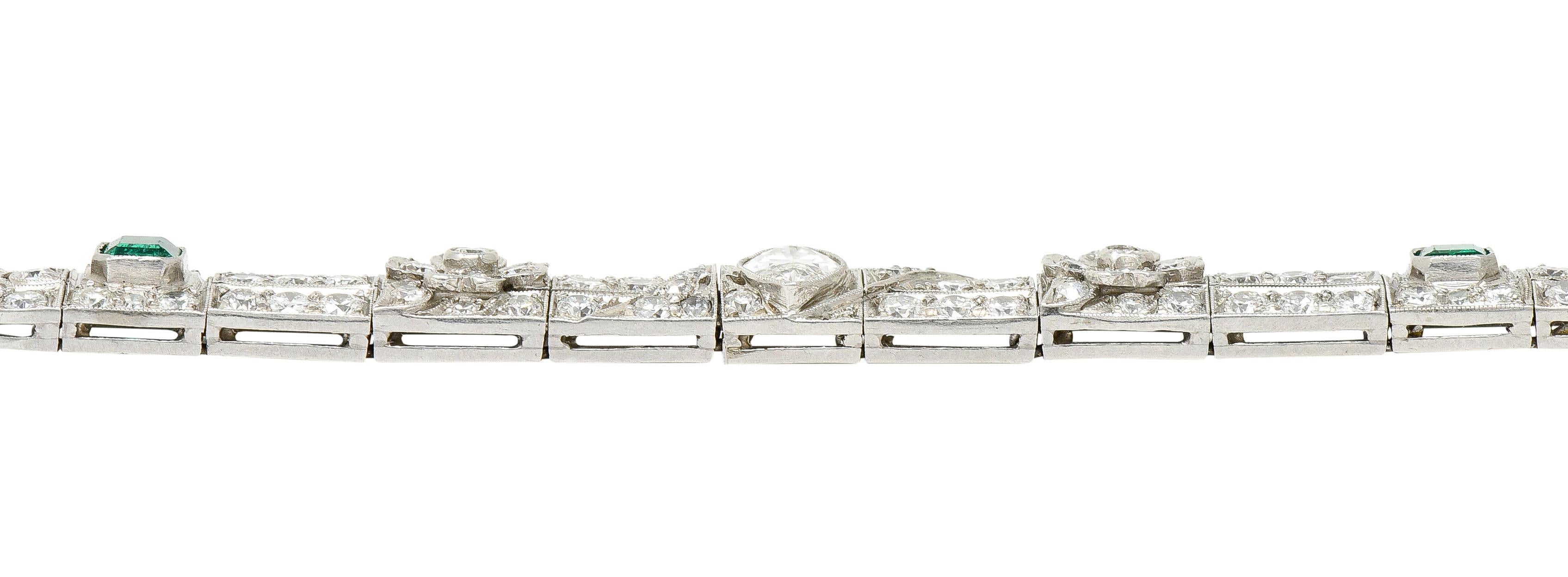 Art Deco 9.25 Carats Emerald Diamond Platinum Clover Link Bracelet 7